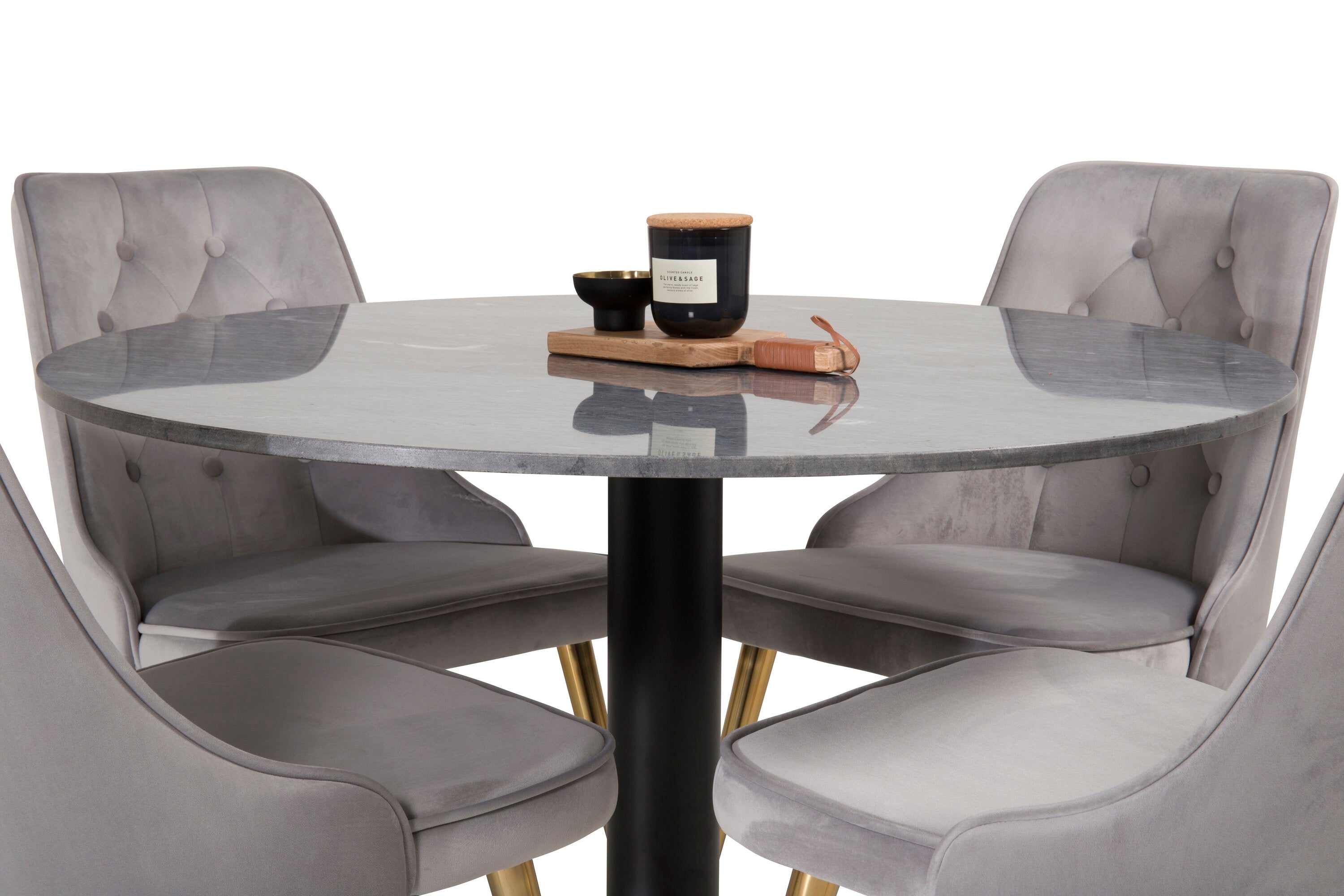Essgruppe Esstisch Estelle ⌀106 mit Stühlen Samt - Grau-Essgruppen-Venture Home-le canapé