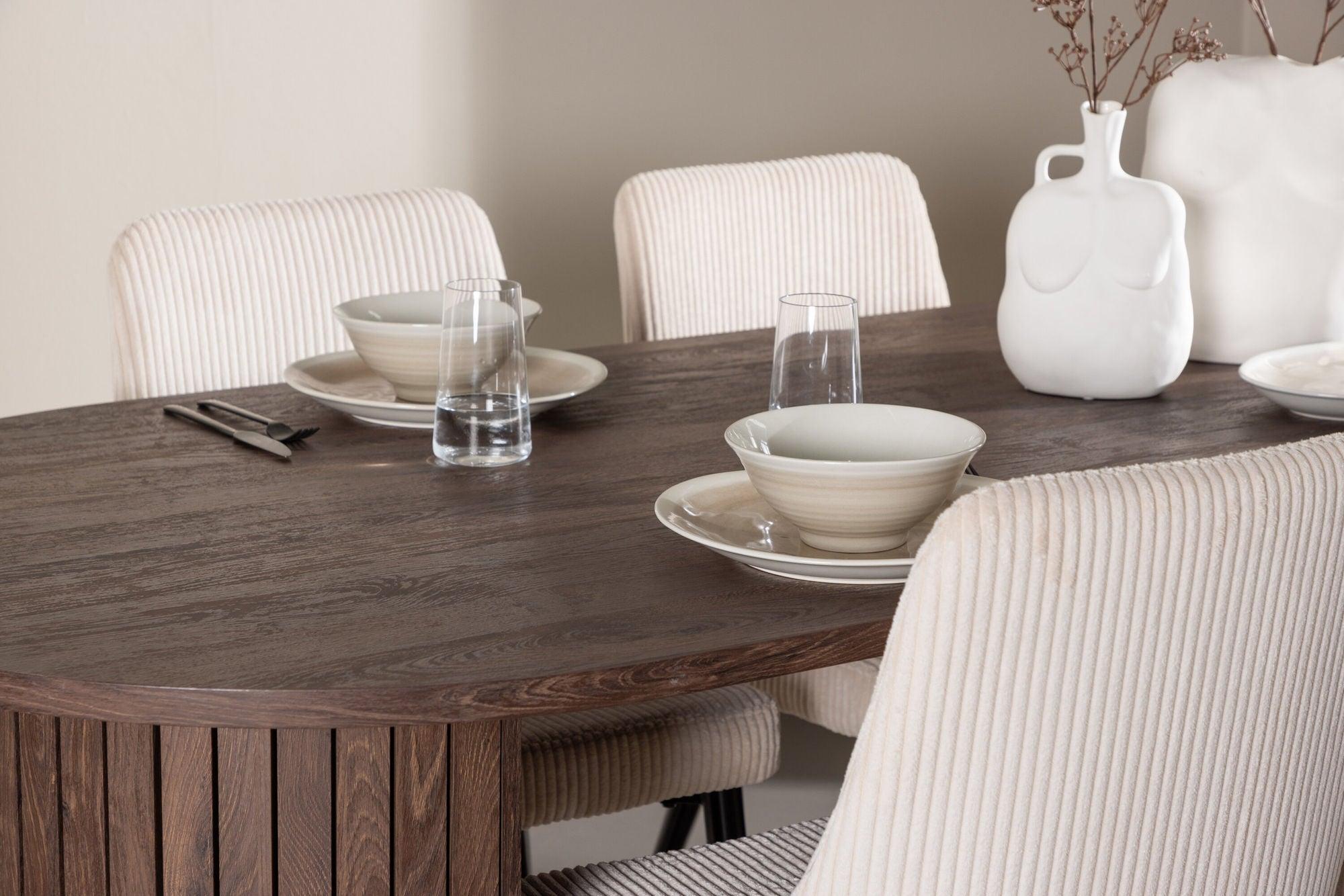 Essgruppe Esstisch Härön 200*90cm mit Stühlen Leone aus Kord - Mokka/Beige-Essgruppen Oval-Venture Home-le canapé