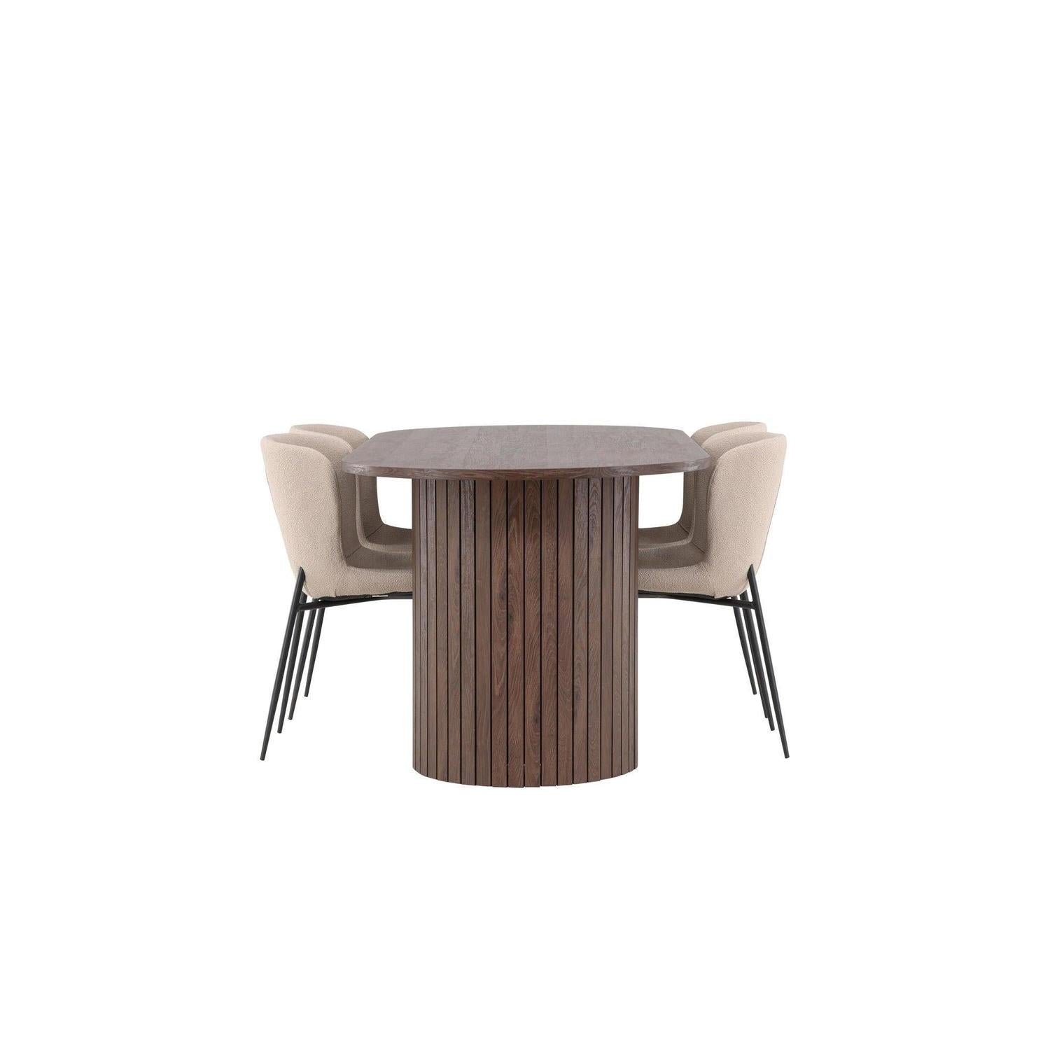 Essgruppe Esstisch Härön 200*90cm mit Stühlen Modesto aus Teddy-Bouclé - Mokka/Beige-Essgruppe Oval-Venture Home-le canapé