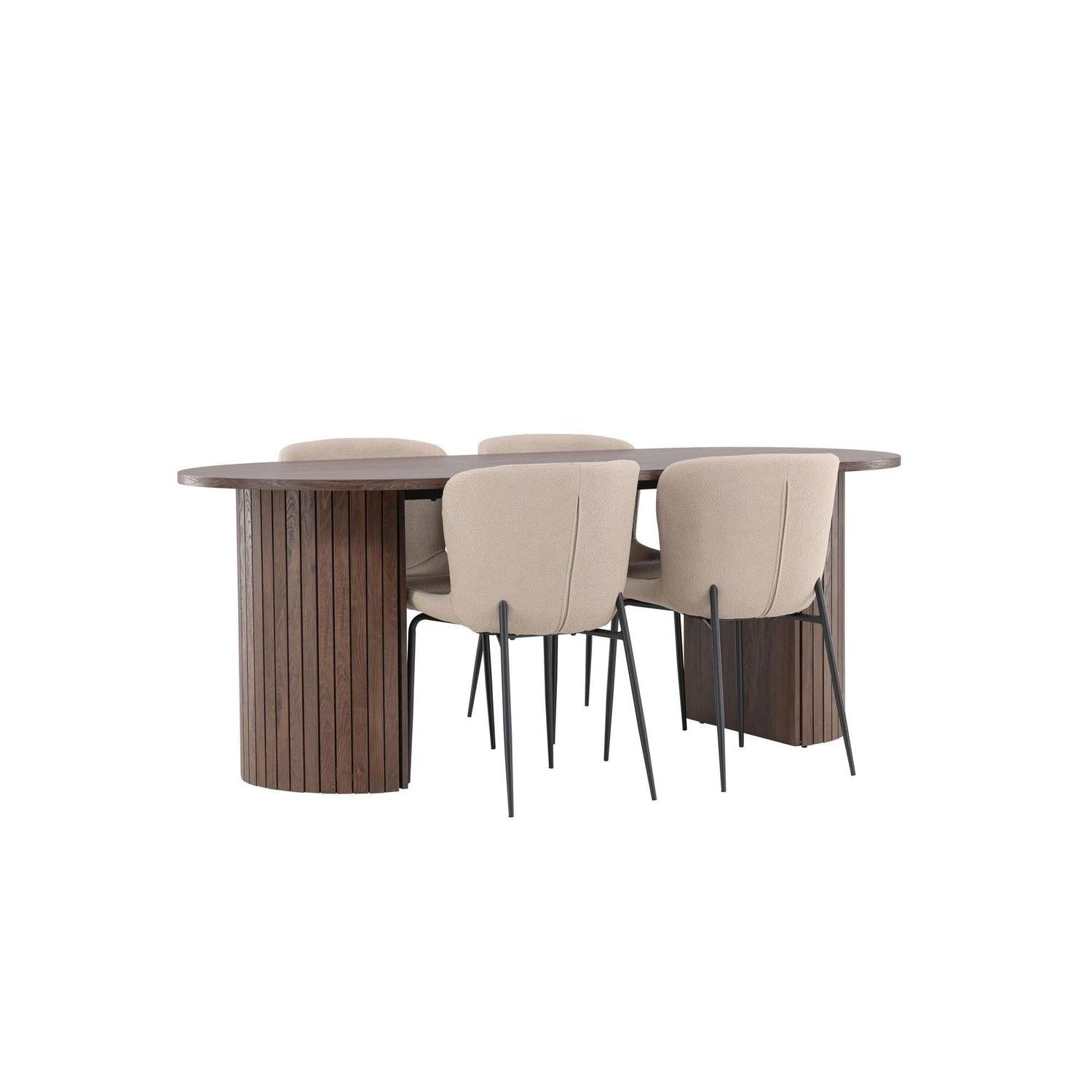 Essgruppe Esstisch Härön 200*90cm mit Stühlen Modesto aus Teddy-Bouclé - Mokka/Beige-Essgruppe Oval-Venture Home-le canapé