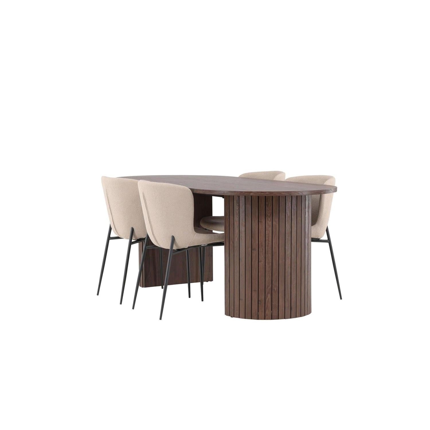 Essgruppe Esstisch Härön 200*90cm mit Stühlen Modesto aus Teddy-Bouclé - Mokka/Beige-Essgruppen Oval-Venture Home-le canapé
