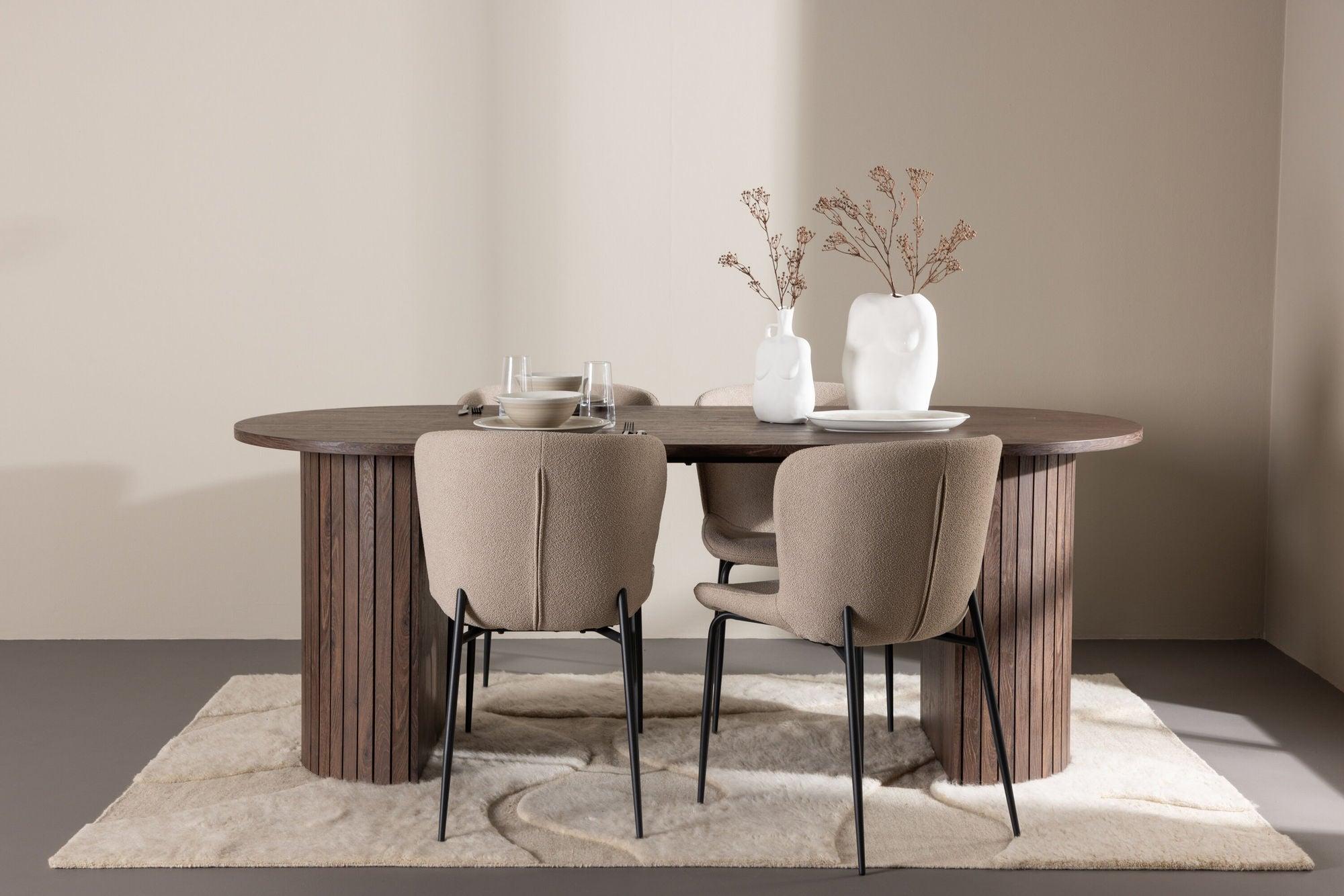 Essgruppe Esstisch Härön 200*90cm mit Stühlen Modesto aus Teddy-Bouclé - Mokka/Beige-Essgruppen Oval-Venture Home-le canapé