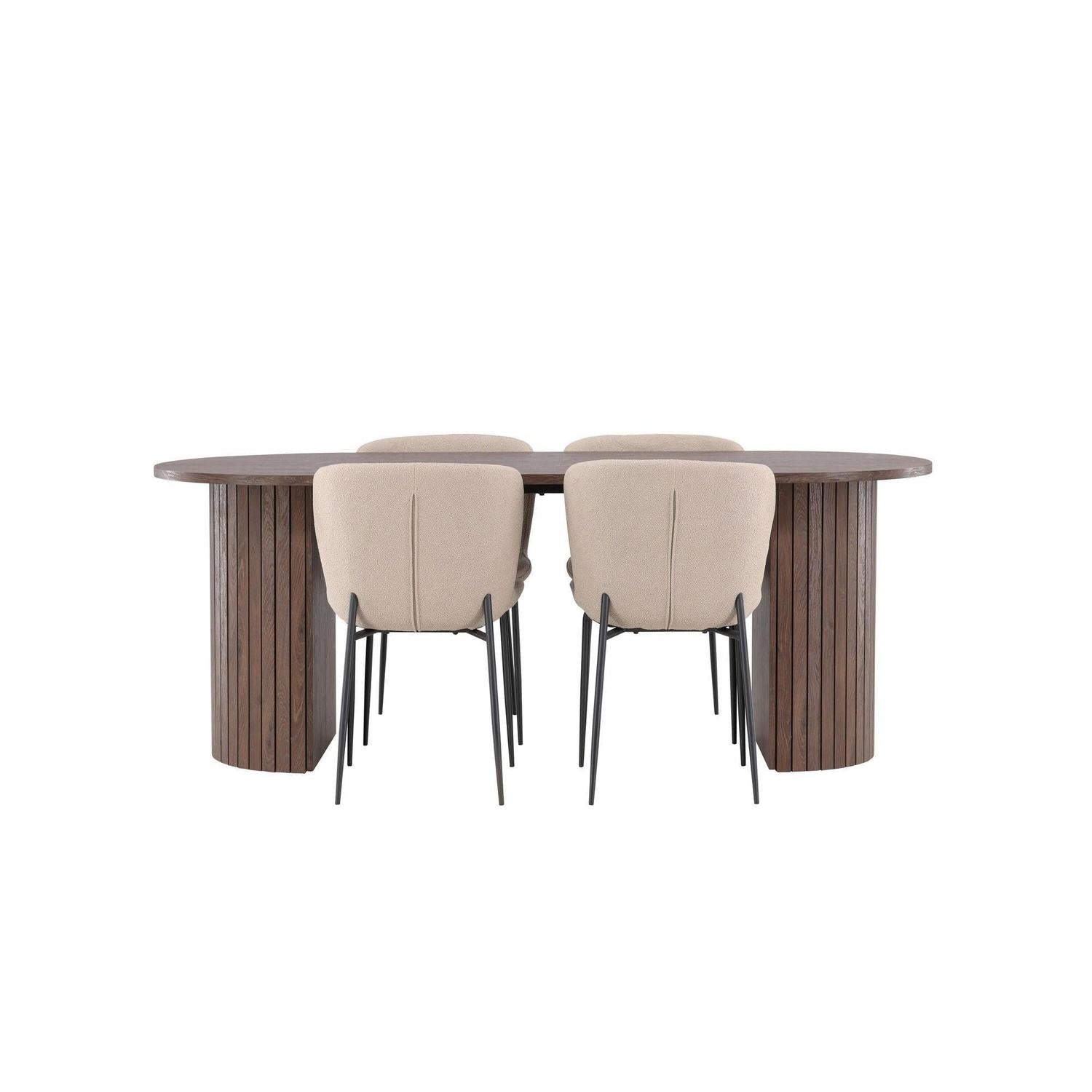 Essgruppe Esstisch Härön 200*90cm mit Stühlen Modesto aus Teddy-Bouclé - Mokka/Beige-Essgruppen Oval-Venture Home-le canapé