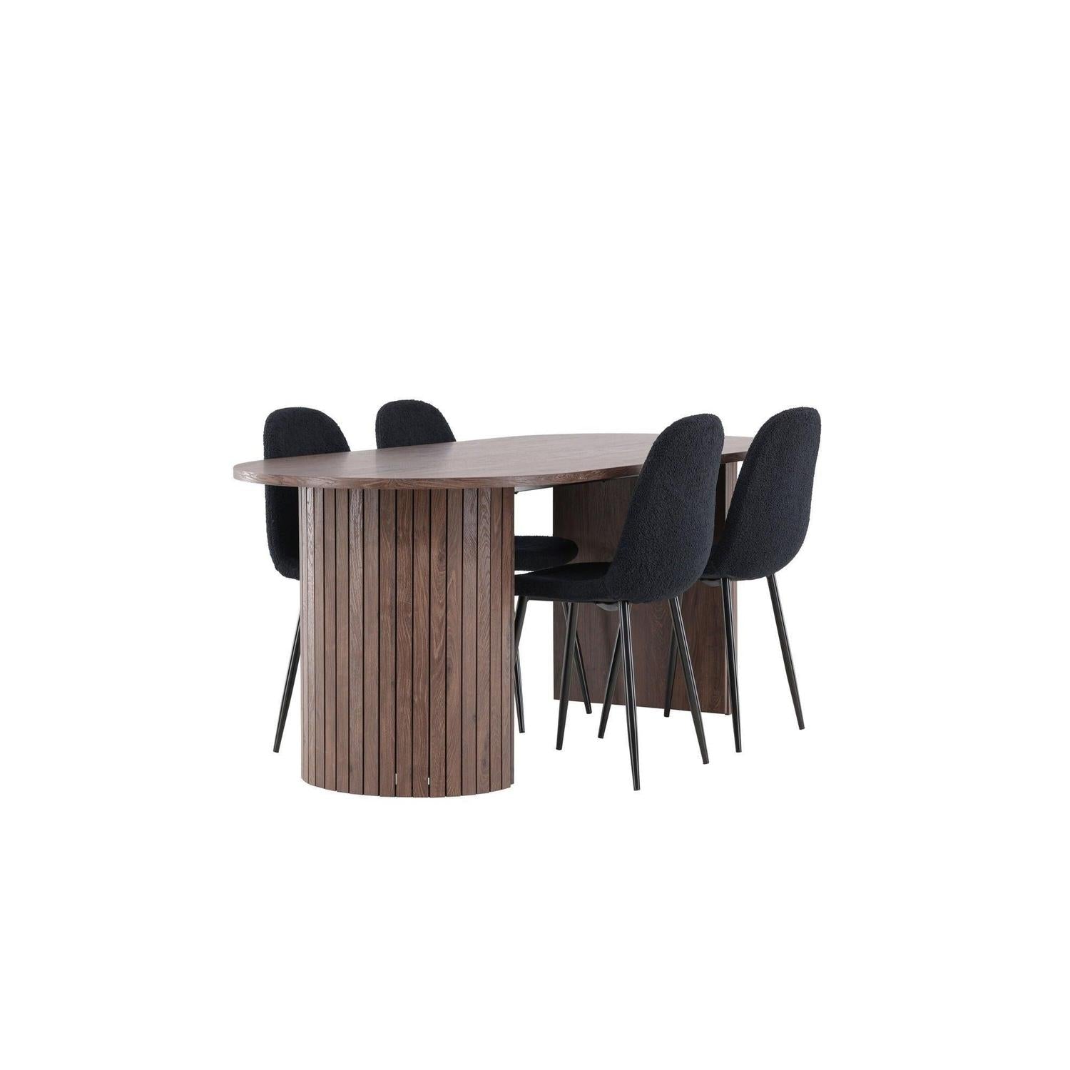 Essgruppe Esstisch Härön 200*90cm mit Stühlen Polar aus Teddy-Bouclé - Mokka/Schwarz-Essgruppe Oval-Venture Home-le canapé