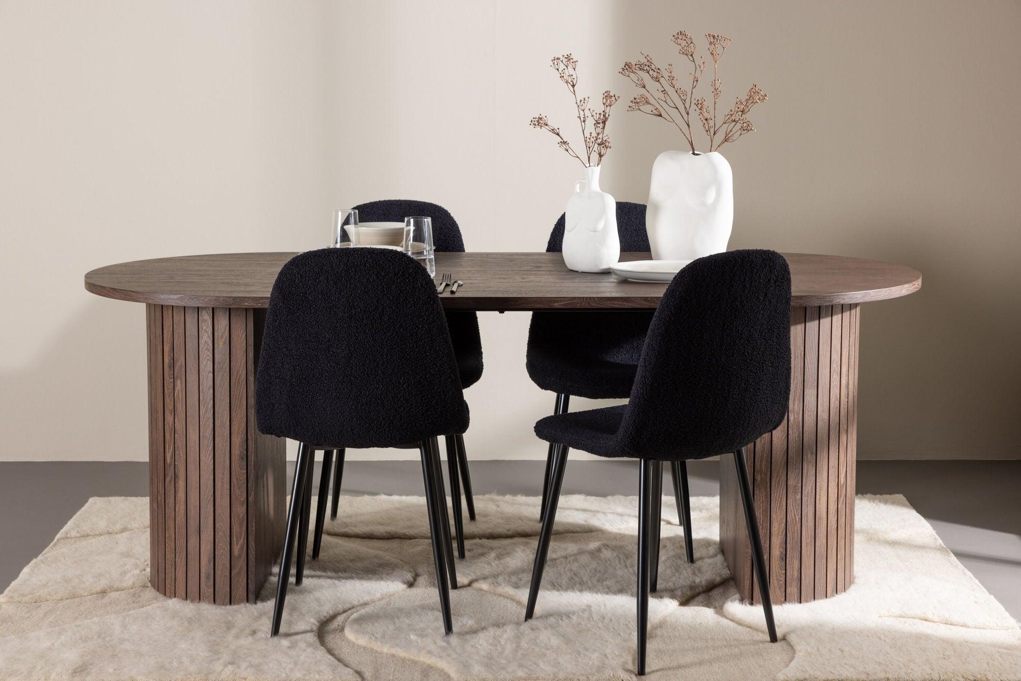 Essgruppe Esstisch Härön 200*90cm mit Stühlen Polar aus Teddy-Bouclé - Mokka/Schwarz-Essgruppen Oval-Venture Home-le canapé