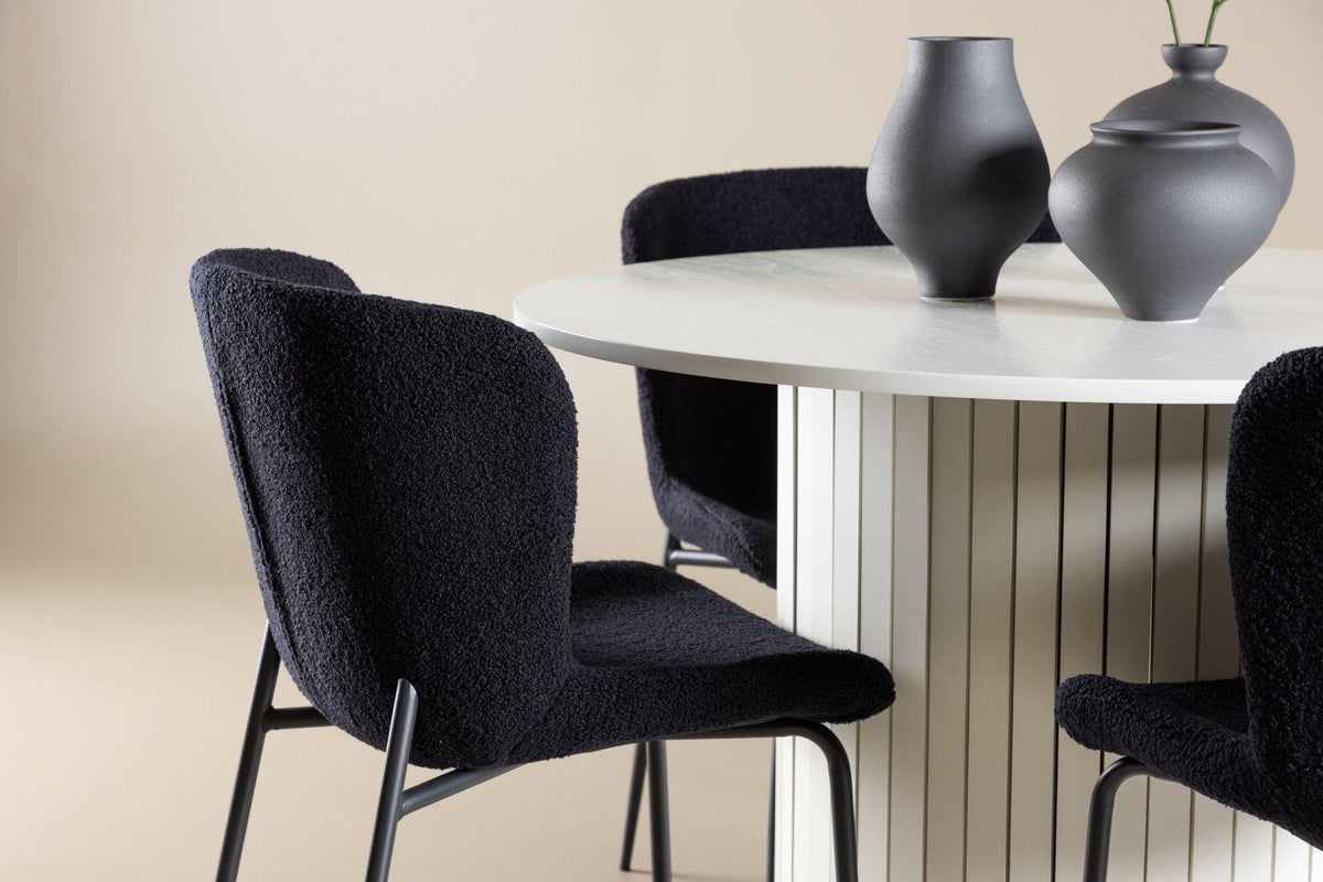 Essgruppe Esstisch Härön Ø110 mit Stühlen Modesto aus Teddy-Boucle-Essgruppen Rund-Venture Home-le canapé