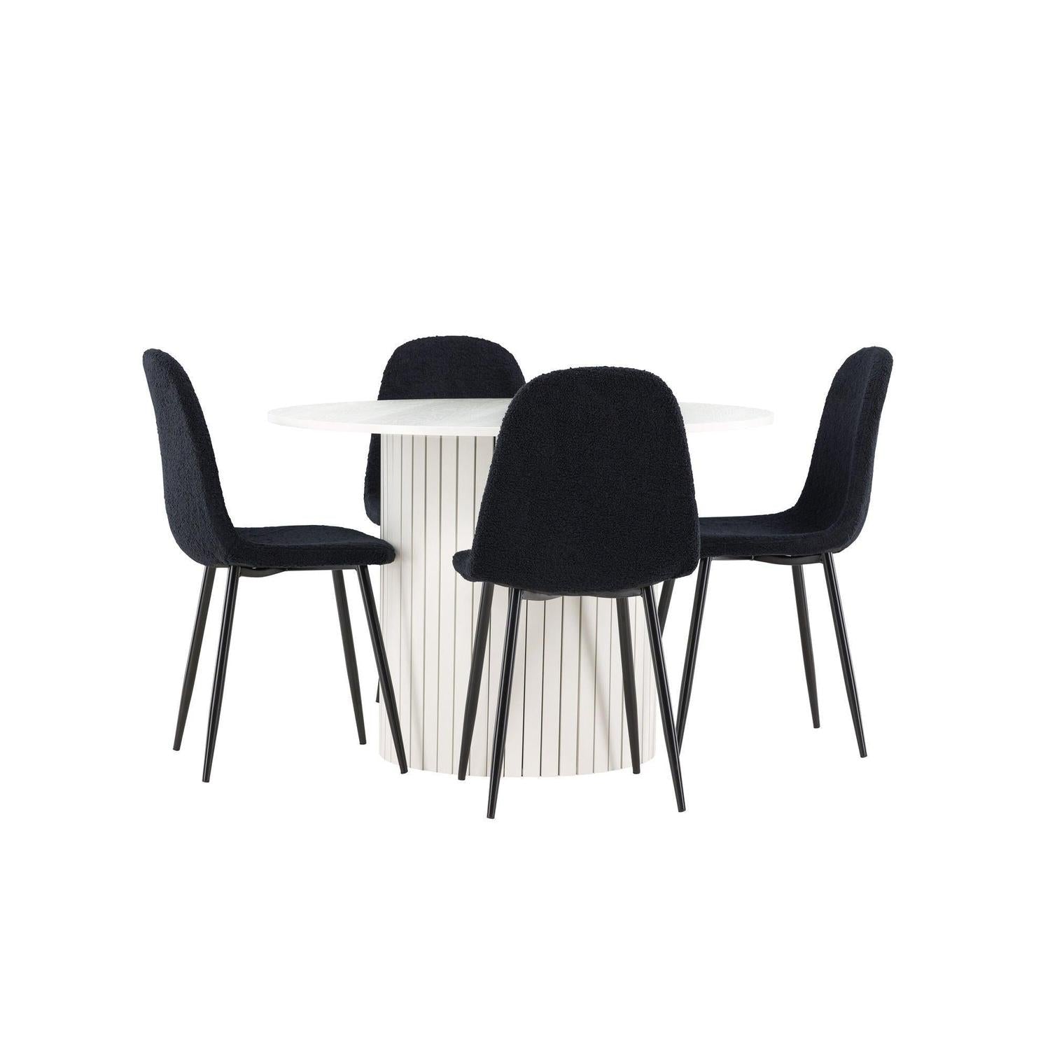 Essgruppe Esstisch Härön rund 110cm mit Stühlen Polar aus Teddy-Bouclé-Venture Home-le canapé