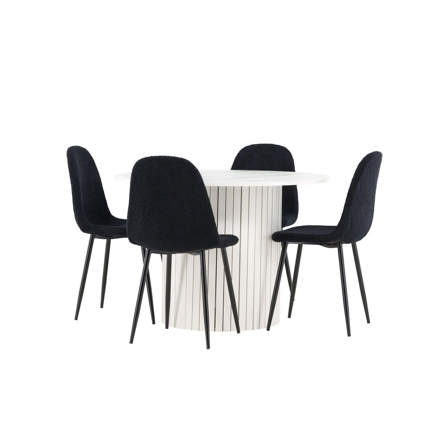 Essgruppe Esstisch Härön rund 110cm mit Stühlen Polar aus Teddy-Bouclé-Venture Home-le canapé