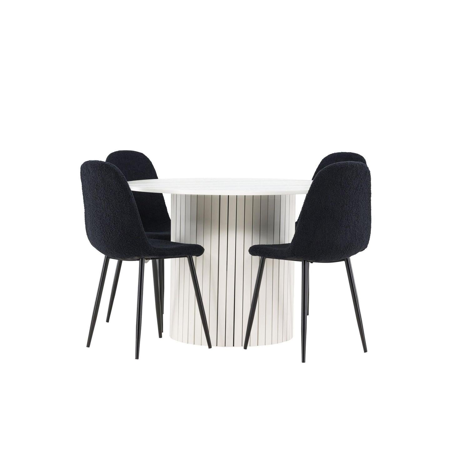 Essgruppe Esstisch Härön rund 110cm mit Stühlen Polar aus Teddy-Bouclé-Venture Home-le canapé