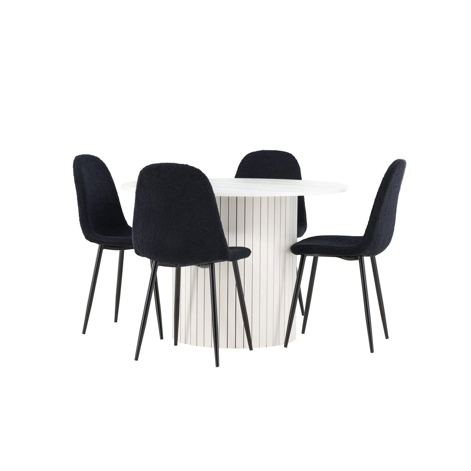 Essgruppe Esstisch Härön rund 110cm mit Stühlen Polar aus Teddy-Bouclé-Venture Home-le canapé