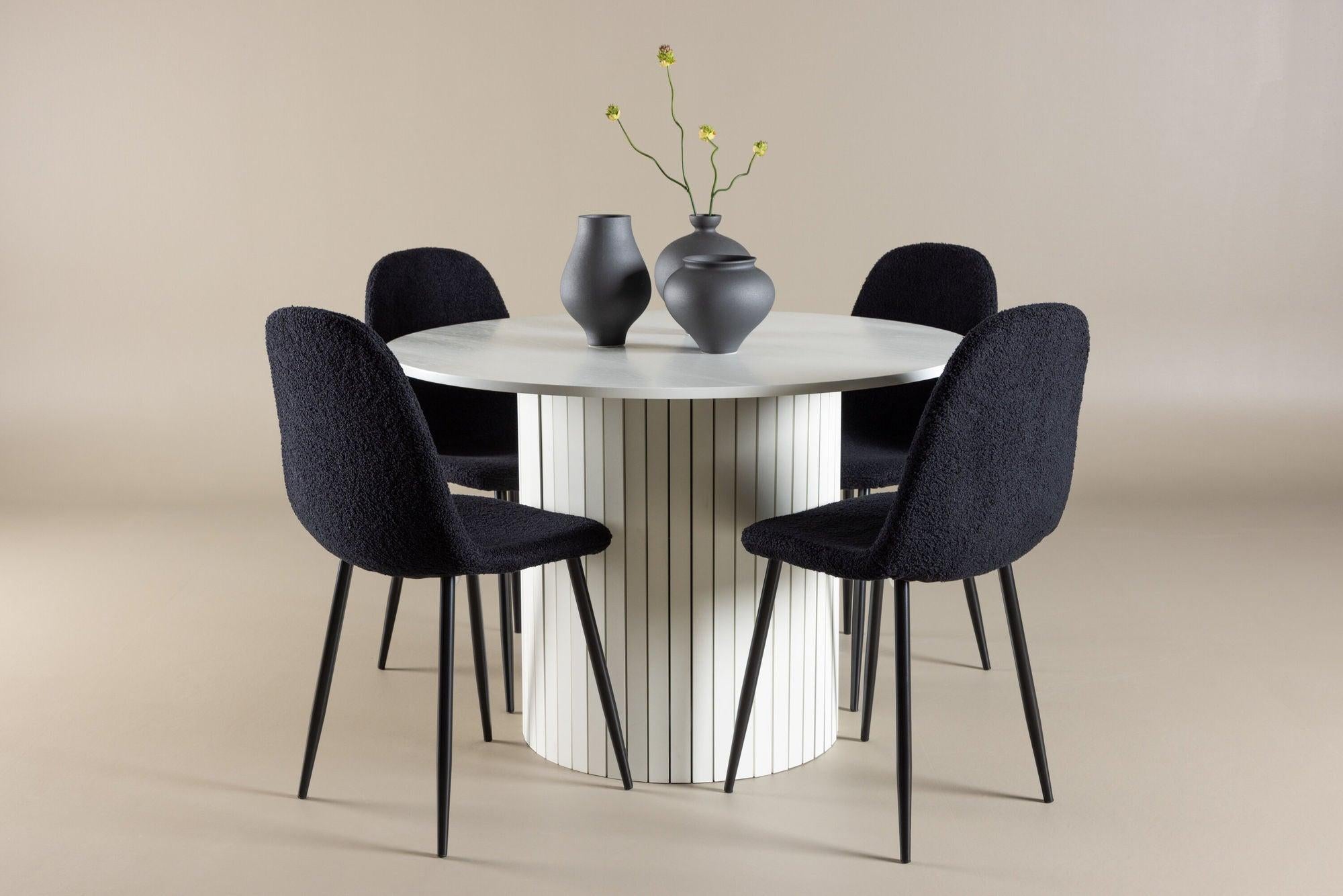 Essgruppe Esstisch Härön rund 110cm mit Stühlen Polar aus Teddy-Bouclé-Venture Home-le canapé