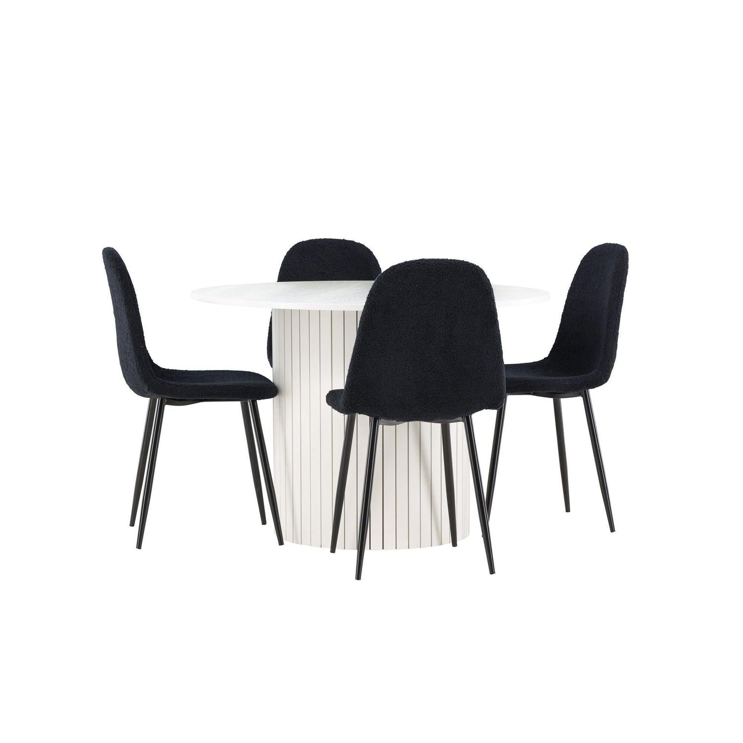 Essgruppe Esstisch Härön rund 110cm mit Stühlen Polar aus Teddy-Bouclé-Venture Home-le canapé