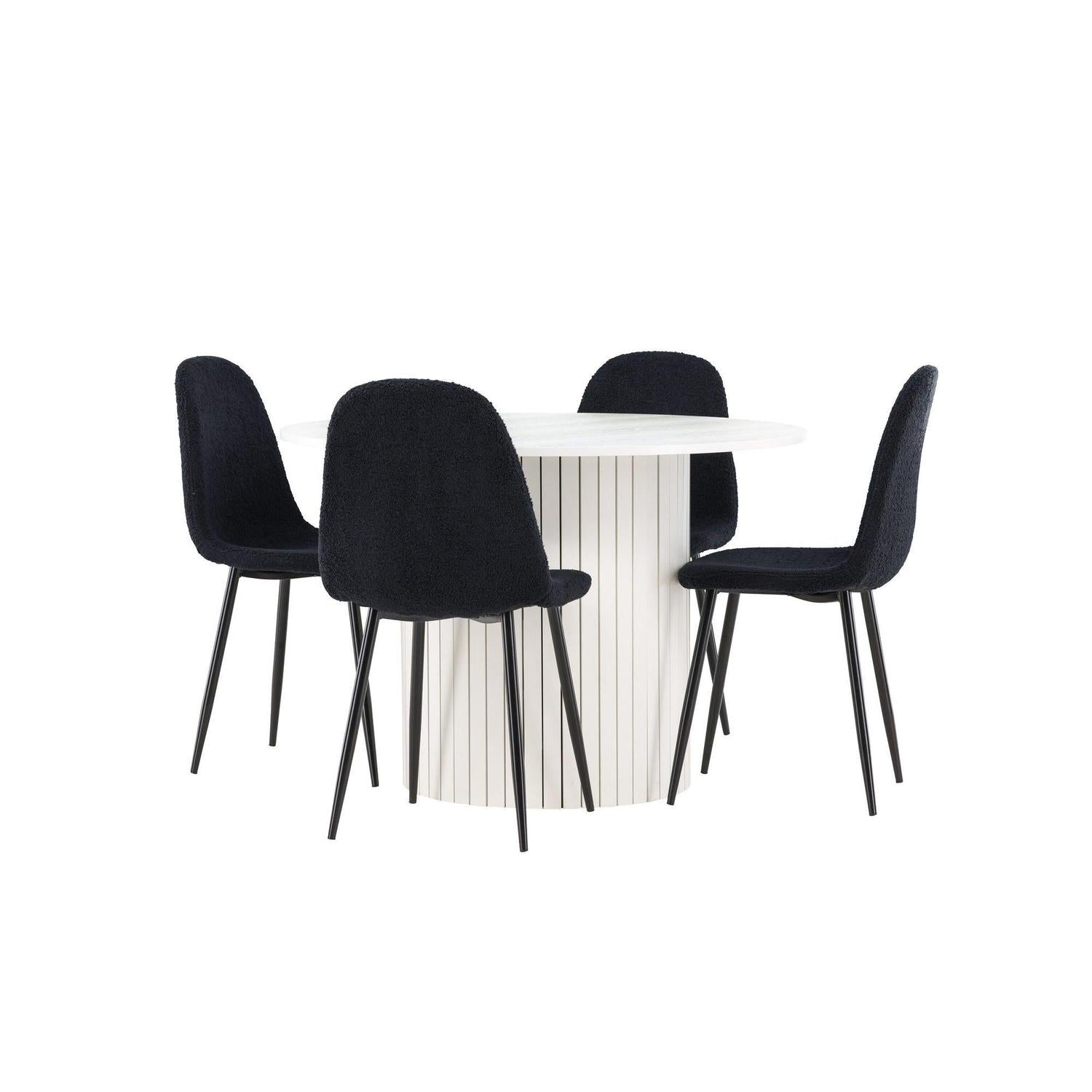 Essgruppe Esstisch Härön rund 110cm mit Stühlen Polar aus Teddy-Bouclé-Venture Home-le canapé
