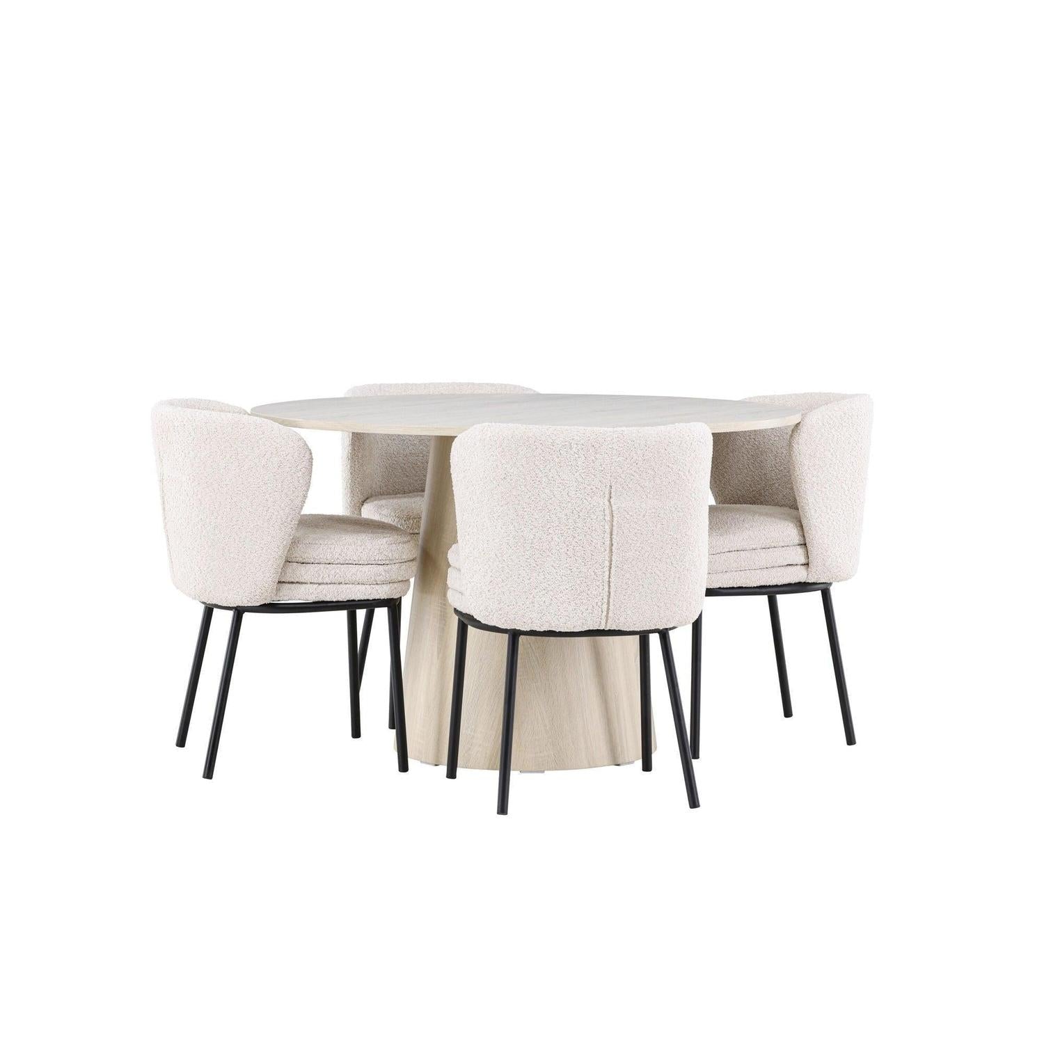 Essgruppe Esstisch Lanzo Ø120cm mit Stühlen Agnes aus Teddy-Bouclé - Beige/Weiß-Essgruppe Rund-Venture Home-le canapé