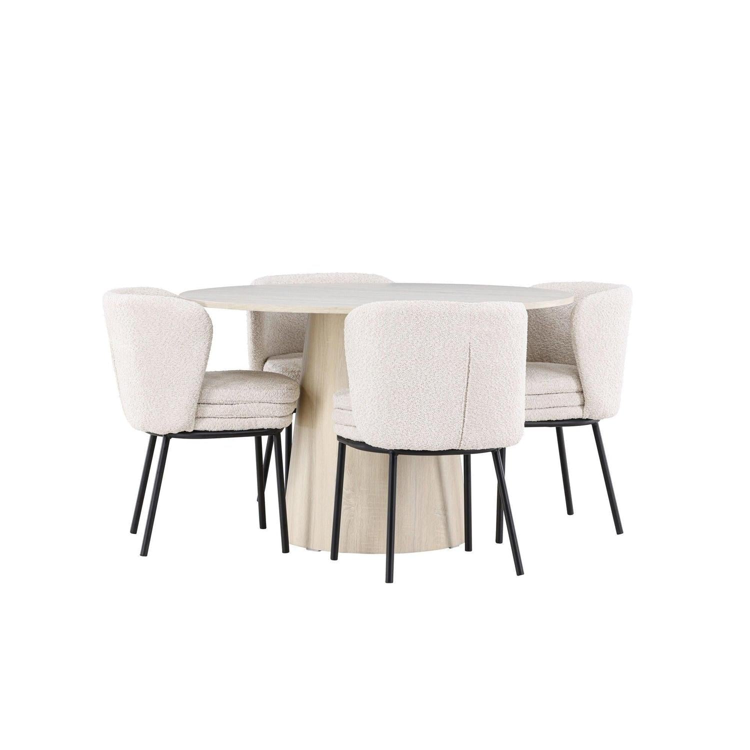 Essgruppe Esstisch Lanzo Ø120cm mit Stühlen Agnes aus Teddy-Bouclé - Beige/Weiß-Essgruppe Rund-Venture Home-le canapé