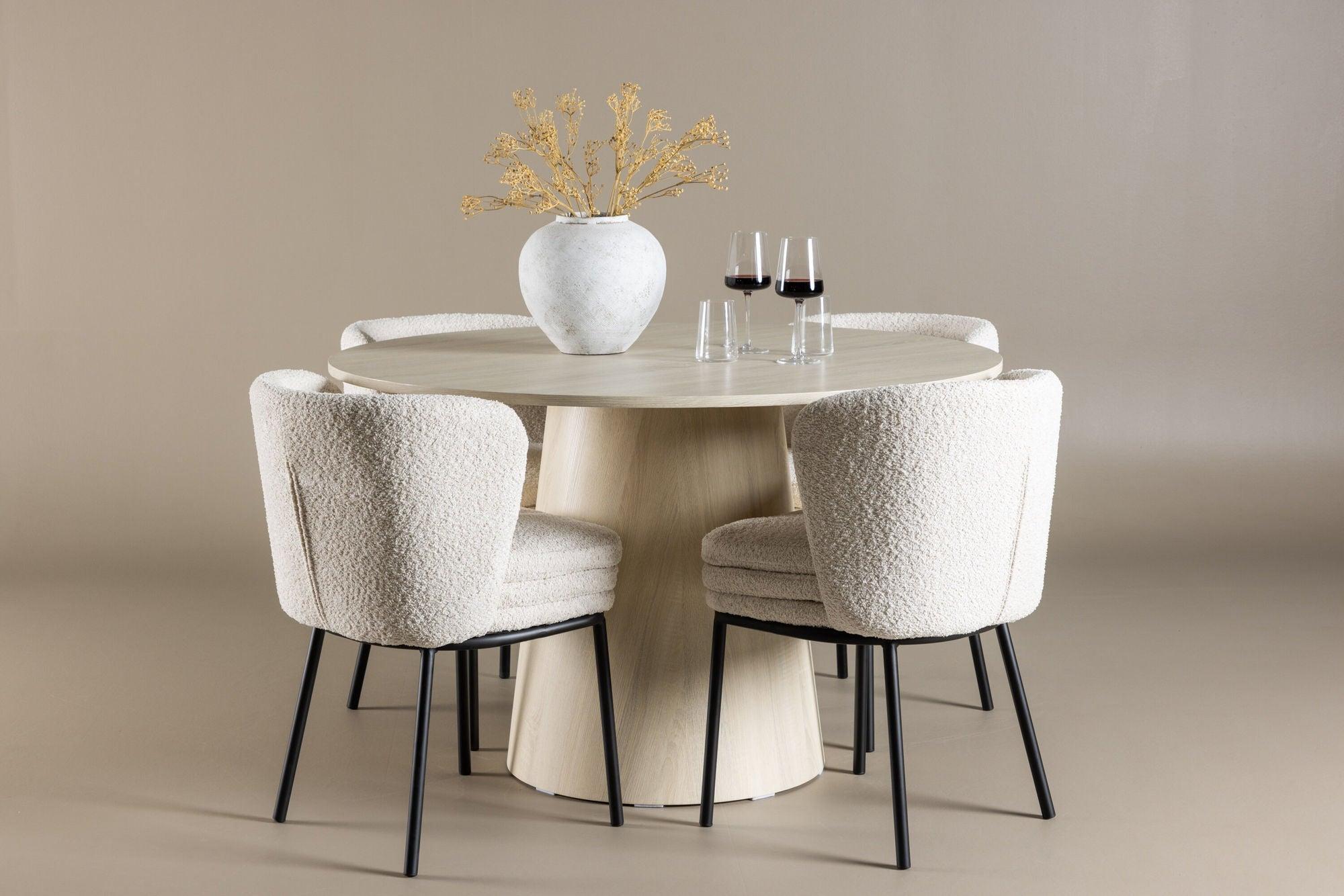 Essgruppe Esstisch Lanzo Ø120cm mit Stühlen Agnes aus Teddy-Bouclé - Beige/Weiß-Essgruppen Rund-Venture Home-le canapé