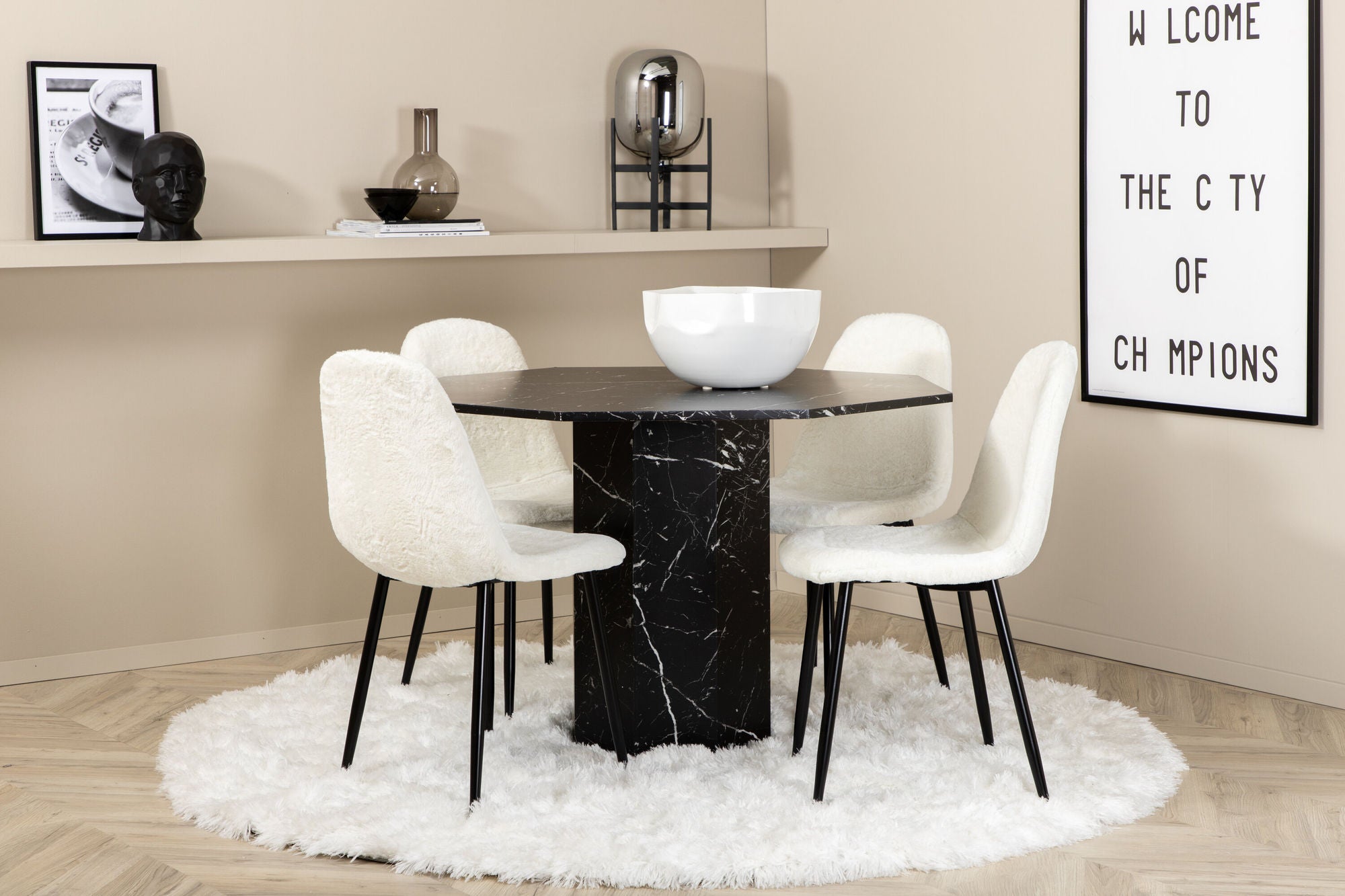 Essgruppe Esstisch Marbs Ø110cm mit Stühlen Polar aus Teddy Bouclé - Schwarz Marmoroptik/ Weiß-Essgruppen Rund-Venture Home-le canapé