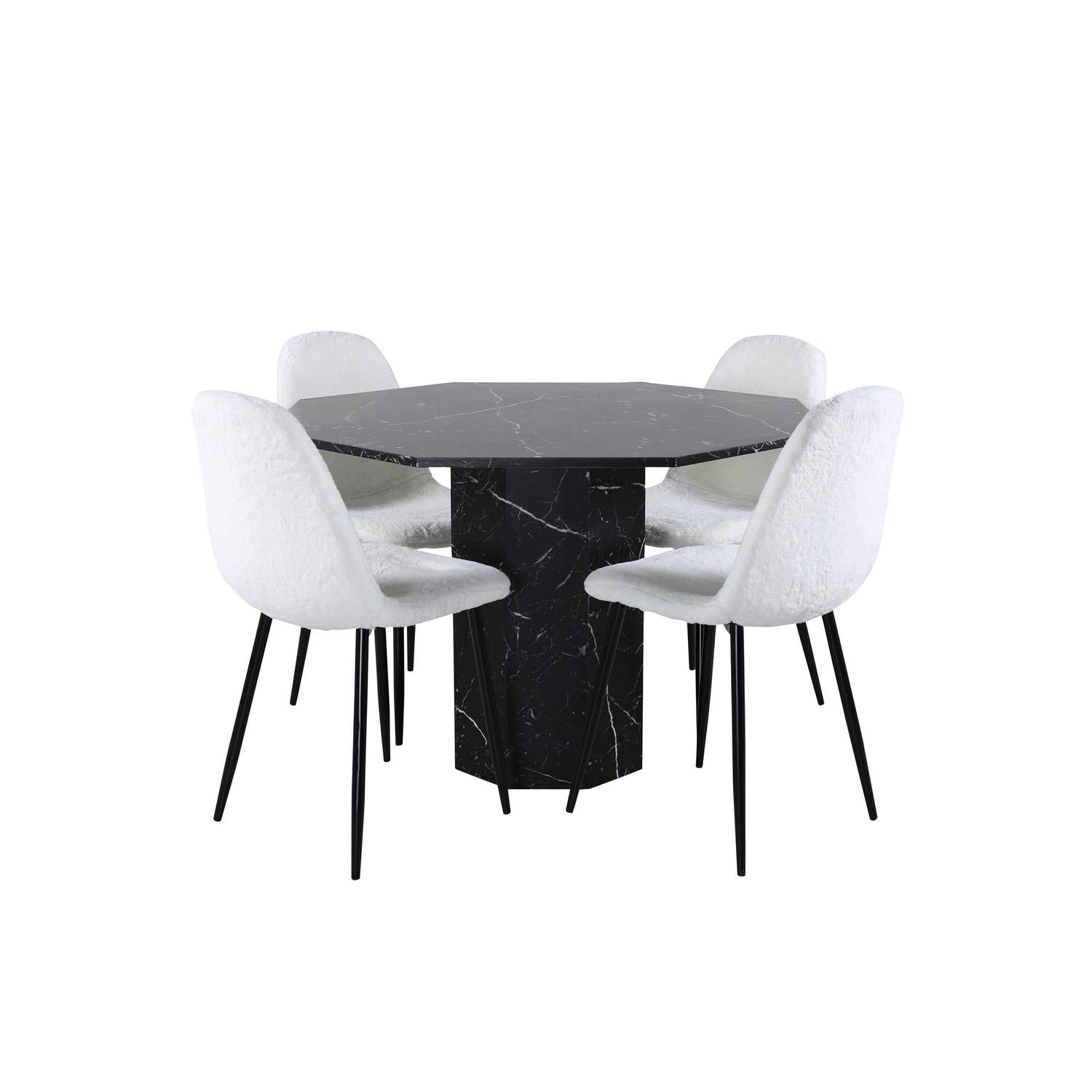 Essgruppe Esstisch Marbs Ø110cm mit Stühlen Polar aus Teddy Bouclé - Schwarz Marmoroptik/ Weiß-Essgruppen Rund-Venture Home-le canapé