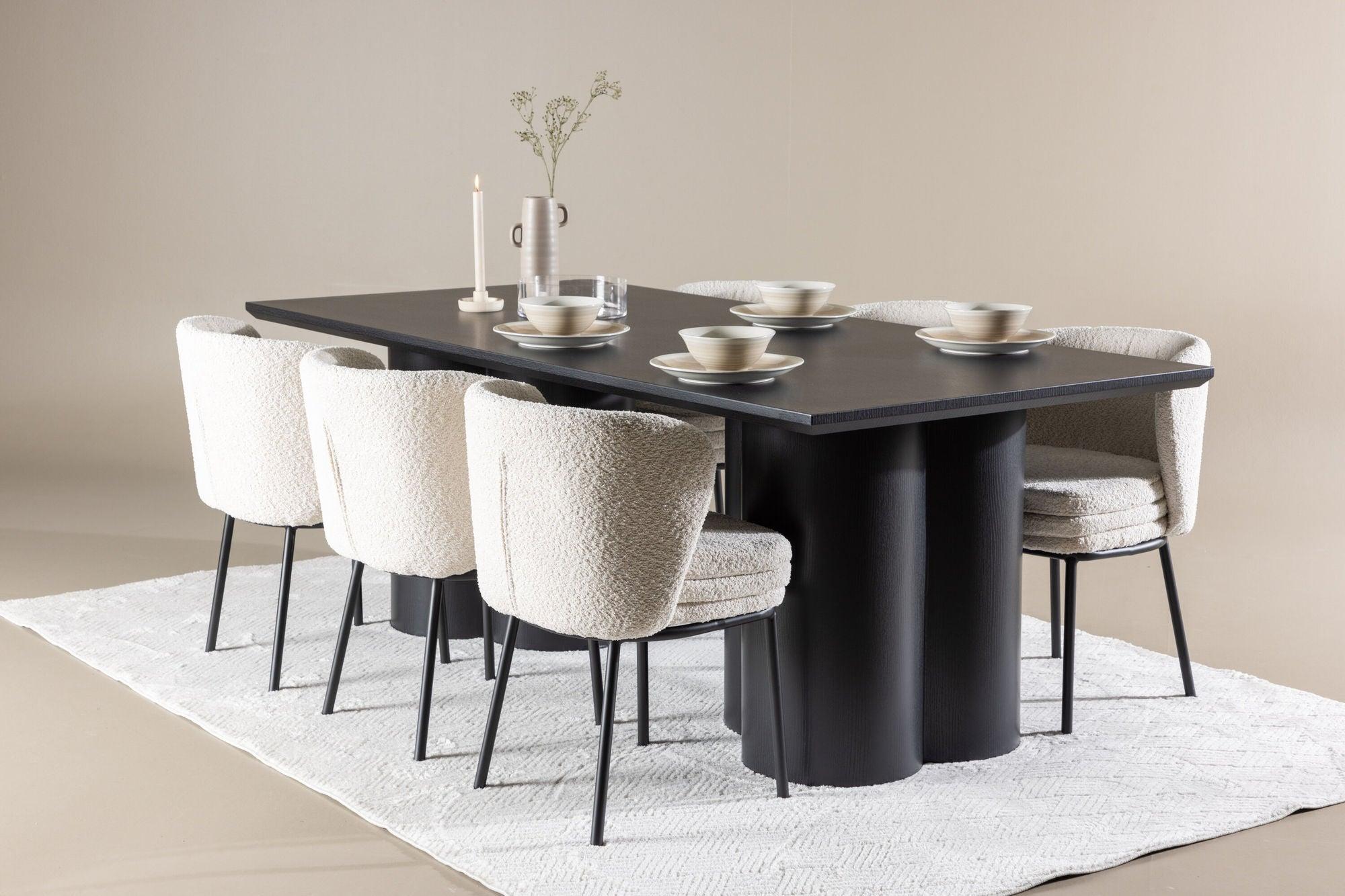 Essgruppe Esstisch Olivia 210*100cm mit Stühlen Agnes aus Teddy-Bouclé-Essgruppen Rechteckig-Venture Home-le canapé