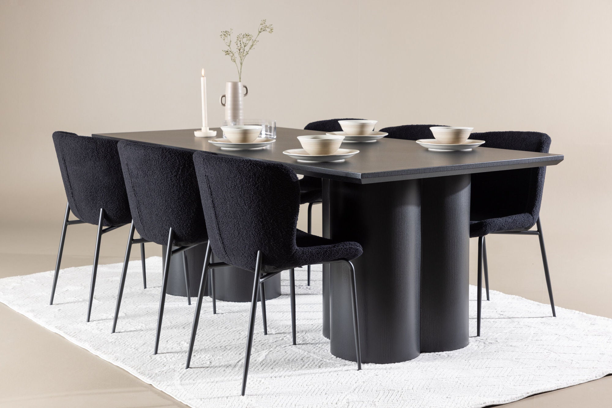 Essgruppe Esstisch Olivia 210*100cm mit Stühlen Modesto aus Teddy - BoucléEssgruppe Rechteckig