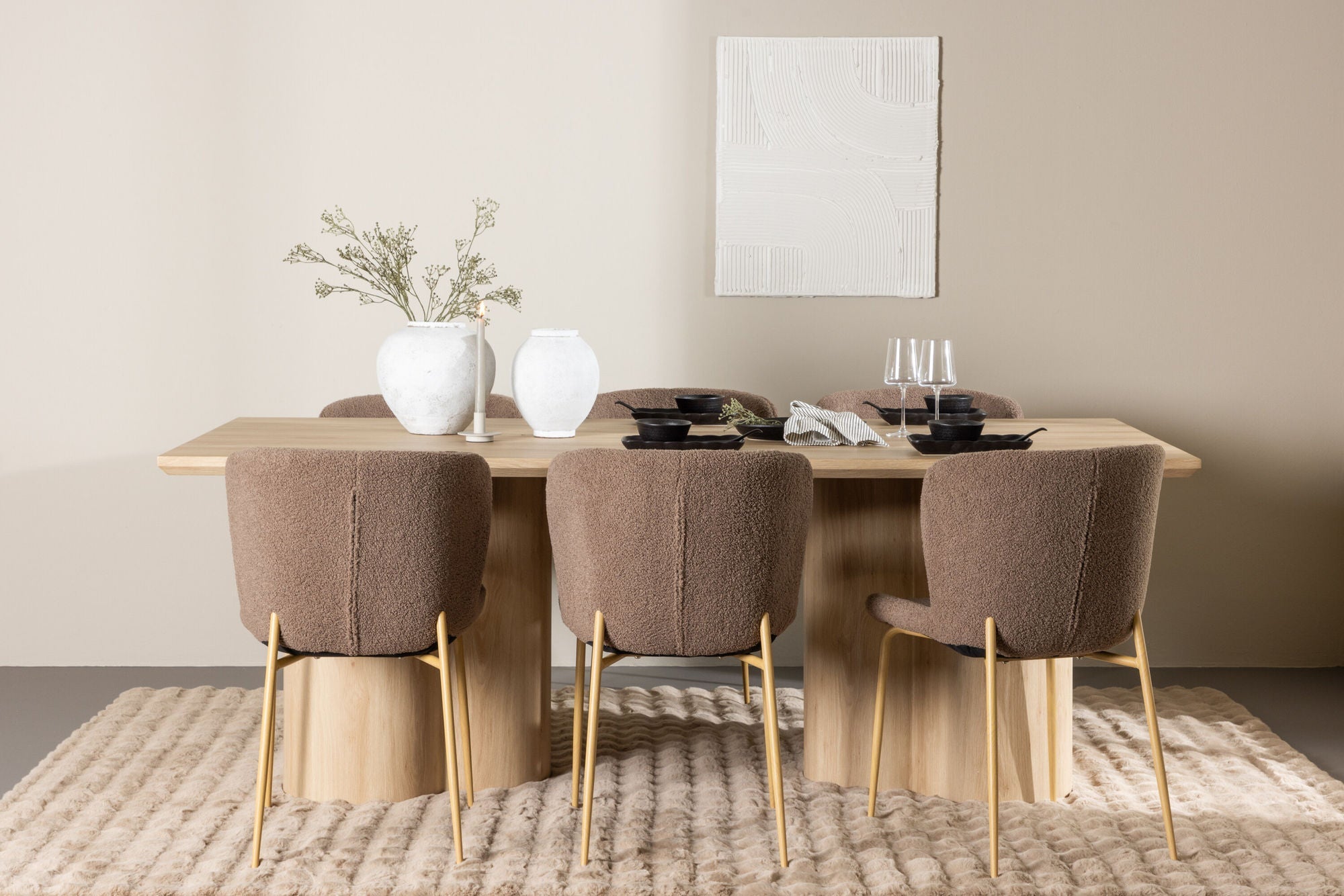 Essgruppe Esstisch Olivia 210*100cm mit Stühlen Modesto aus Teddy - BoucléEssgruppe Rechteckig