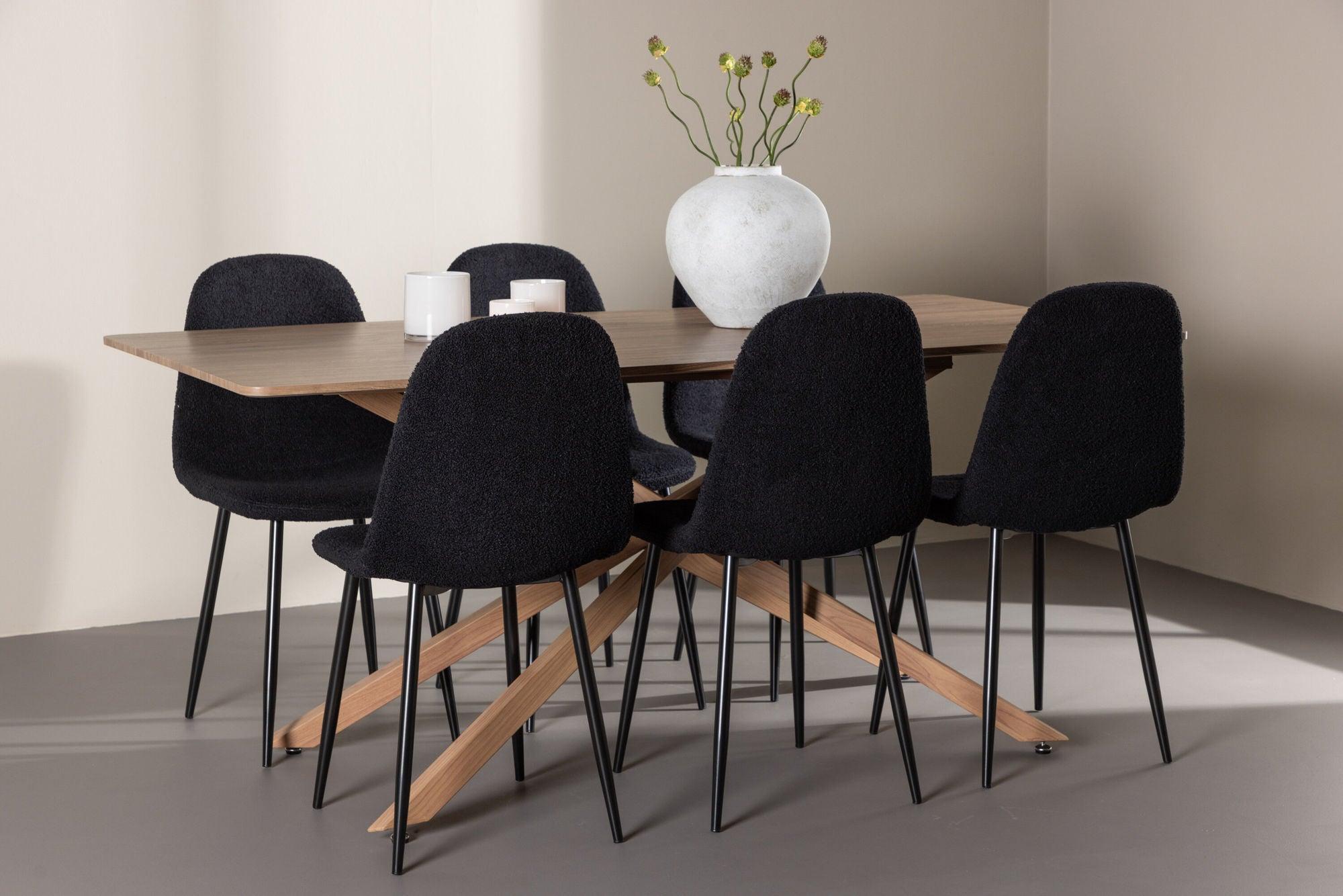 Essgruppe Esstisch Piazza 180*90 cm mit Stühlen Polar aus Teddy-Bouclé - Mokka/Schwarz-Essgruppen Rechteckig-Venture Home-le canapé