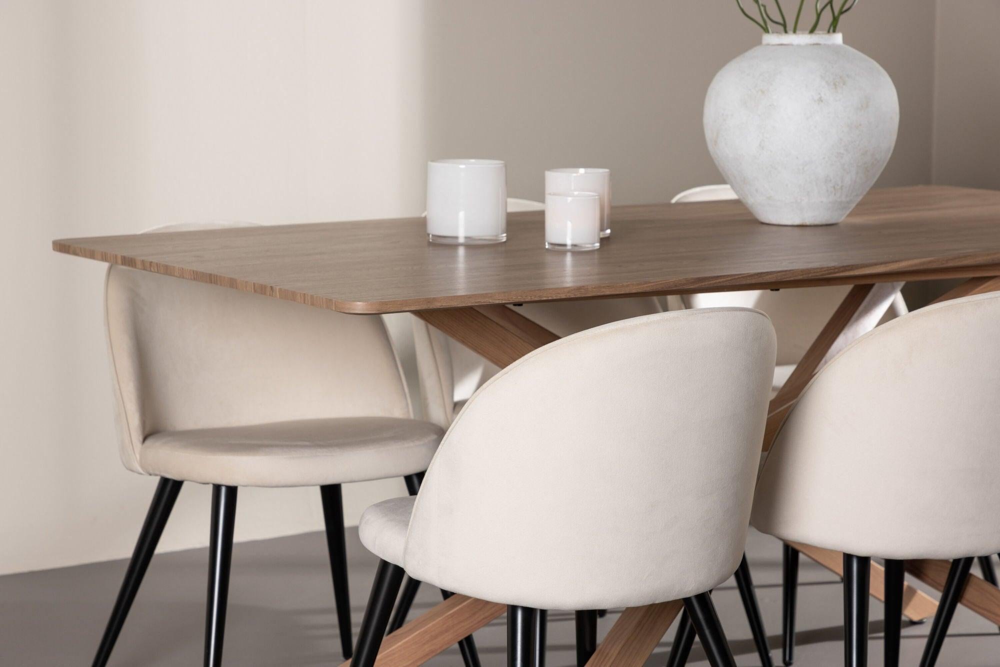Essgruppe Esstisch Piazza 180*90 cm mit Stühlen Velvet aus Samt - Braun/Beige-Essgruppen Rechteckig-Venture Home-le canapé