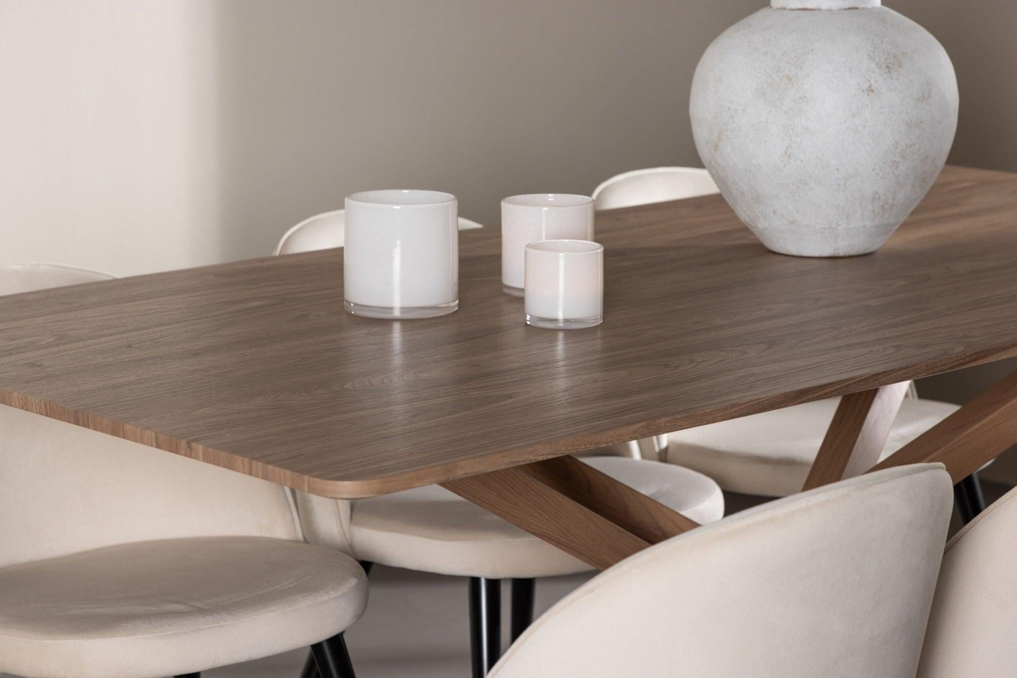Essgruppe Esstisch Piazza 180*90 cm mit Stühlen Velvet aus Samt - Braun/Beige-Essgruppen Rechteckig-Venture Home-le canapé