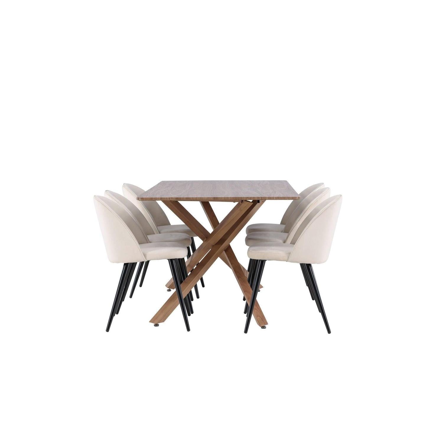 Essgruppe Esstisch Piazza 180*90 cm mit Stühlen Velvet aus Samt - Braun/Beige-Essgruppen Rechteckig-Venture Home-le canapé