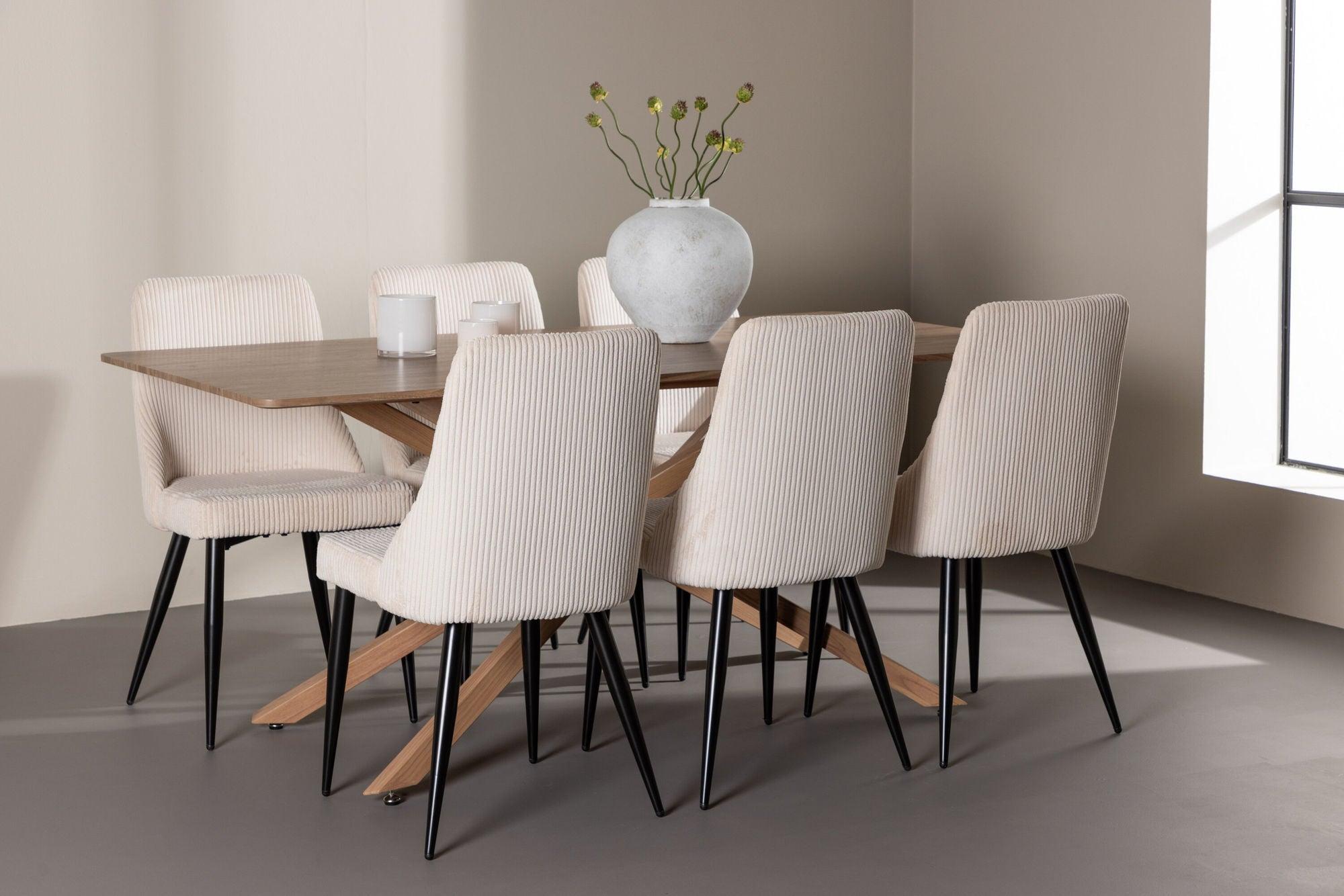 Essgruppe Esstisch Piazza 180*90cm mit Esszimmerstühlen Leone aus Kord - Braun/Weiß-Essgruppen Rechteckig-Venture Home-le canapé