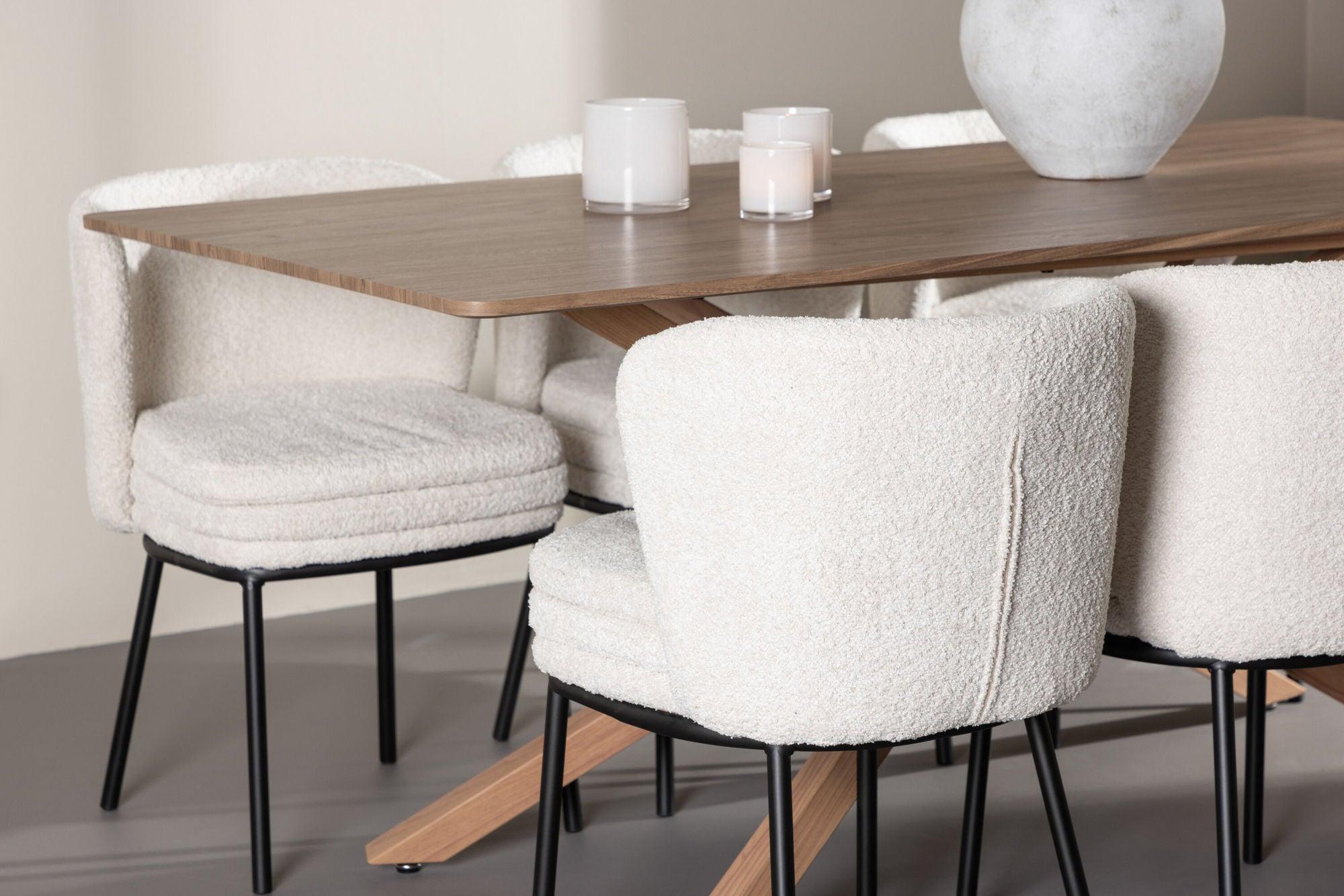 Essgruppe Esstisch Piazza 180*90cm mit Stühlen Agnes aus Teddy- Bouclé - Braun/Weiß-Essgruppen Rechteckig-Venture Home-le canapé