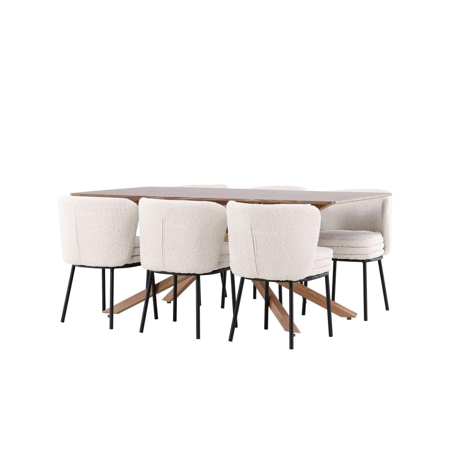 Essgruppe Esstisch Piazza 180*90cm mit Stühlen Agnes aus Teddy- Bouclé - Braun/Weiß-Essgruppen Rechteckig-Venture Home-le canapé