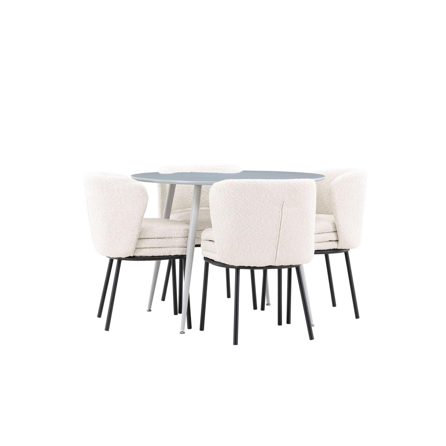 Essgruppe Esstisch Plaza rund ø100cm mit Stühlen Agnes aus Teddy-Bouclé-Essgruppe Rund-Venture Home-le canapé