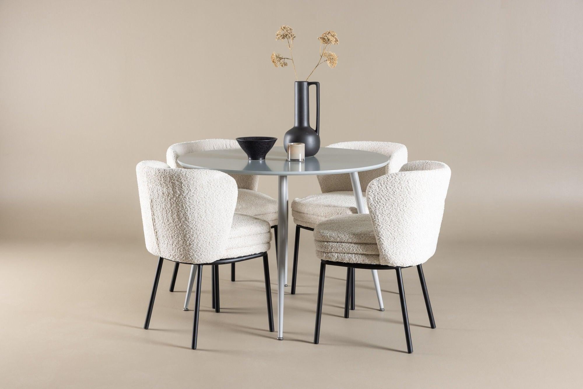 Essgruppe Esstisch Plaza rund ø100cm mit Stühlen Agnes aus Teddy-Bouclé-Essgruppe Rund-Venture Home-le canapé