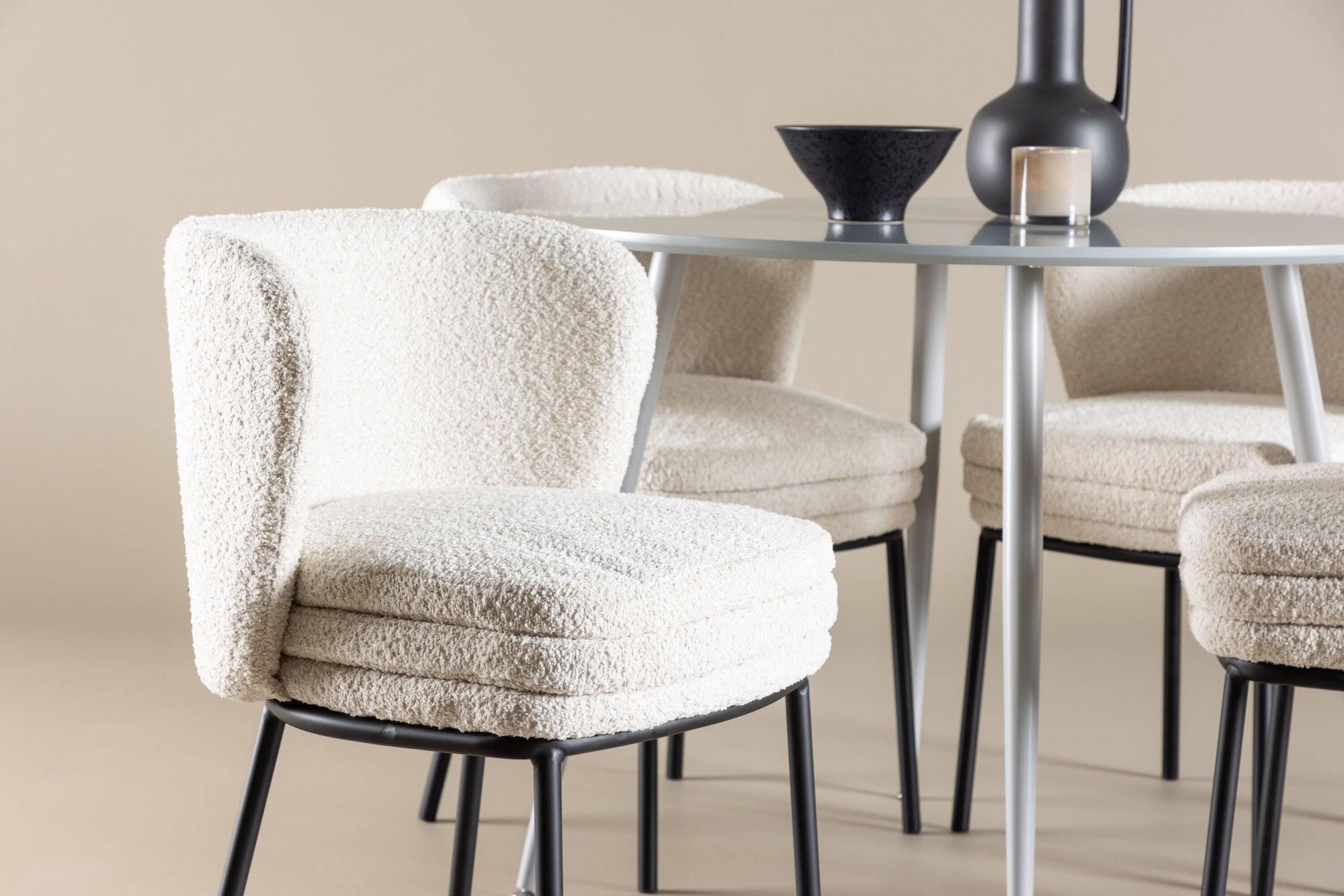 Essgruppe Esstisch Plaza rund ø100cm mit Stühlen Agnes aus Teddy-Bouclé-Essgruppe Rund-Venture Home-le canapé