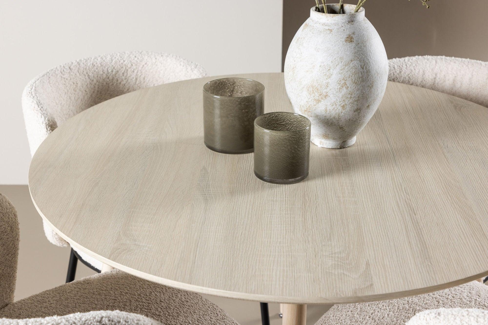 Essgruppe Esstisch Plaza rund ø100cm mit Stühlen Agnes aus Teddy-Bouclé-Essgruppe Rund-Venture Home-le canapé
