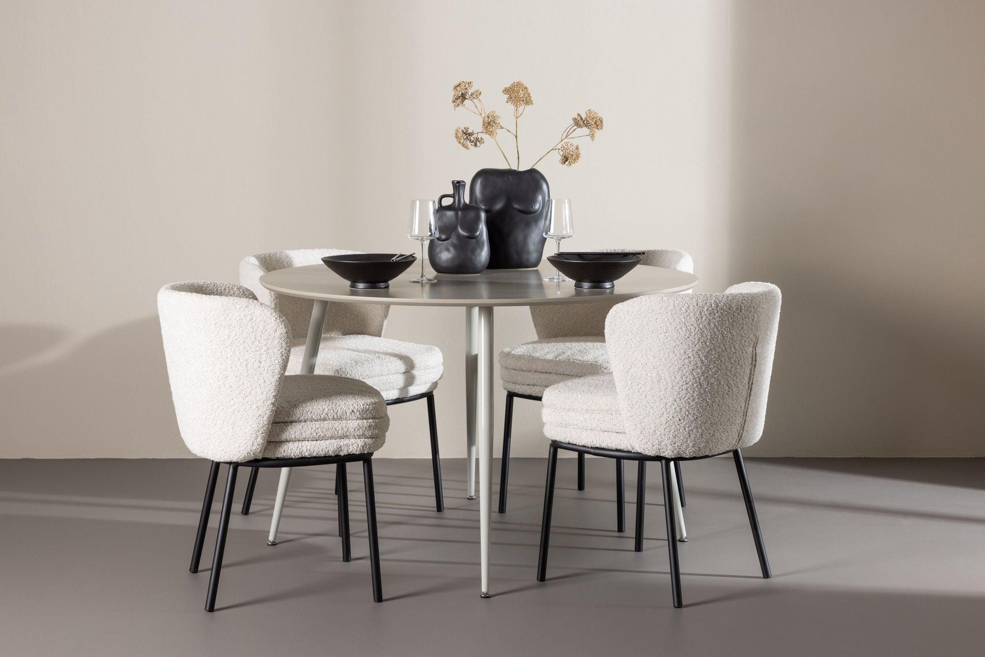 Essgruppe Esstisch Plaza rund ø120cm mit Stühlen Agnes aus Teddy-Bouclé-Venture Home-le canapé