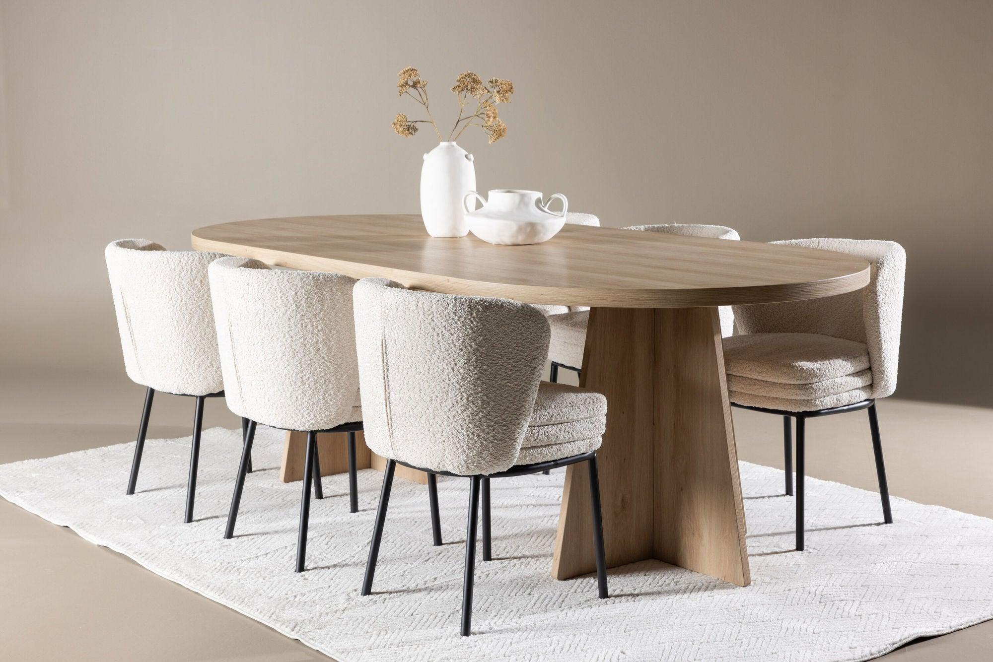 Essgruppe Tisch Bootcut 230*115cm mit Stühlen Agnes aus Teddy-Bouclé