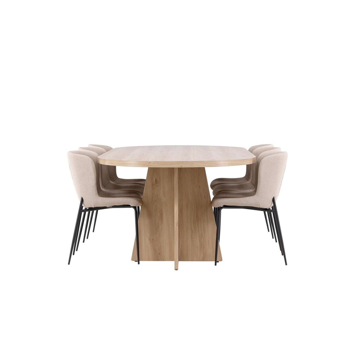 Essgruppe Tisch Bootcut 230*115cm mit Stühlen Modesto aus Teddy-Bouclé - Hellbraun/Beige-Essgruppe Oval-Venture Home-le canapé