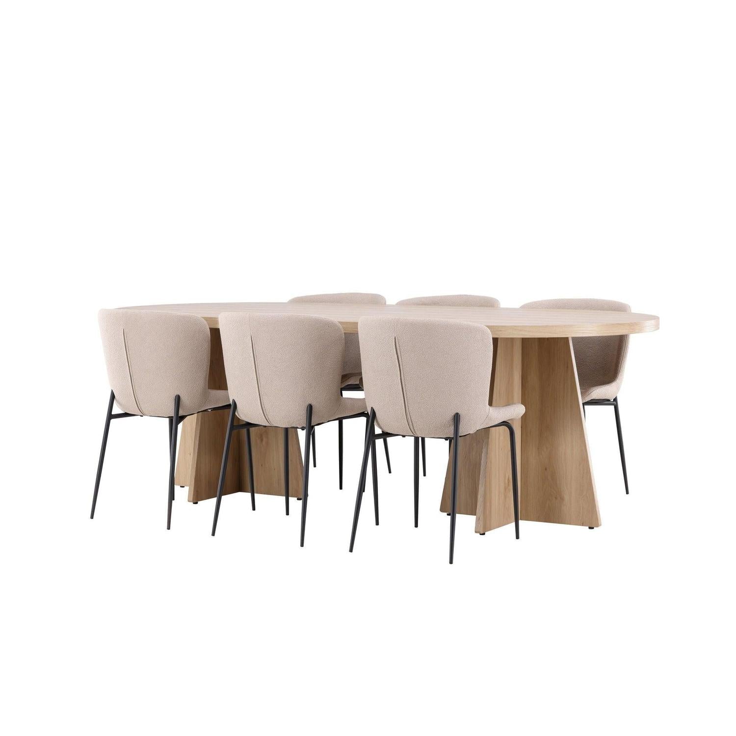 Essgruppe Tisch Bootcut 230*115cm mit Stühlen Modesto aus Teddy-Bouclé - Hellbraun/Beige-Essgruppe Oval-Venture Home-le canapé