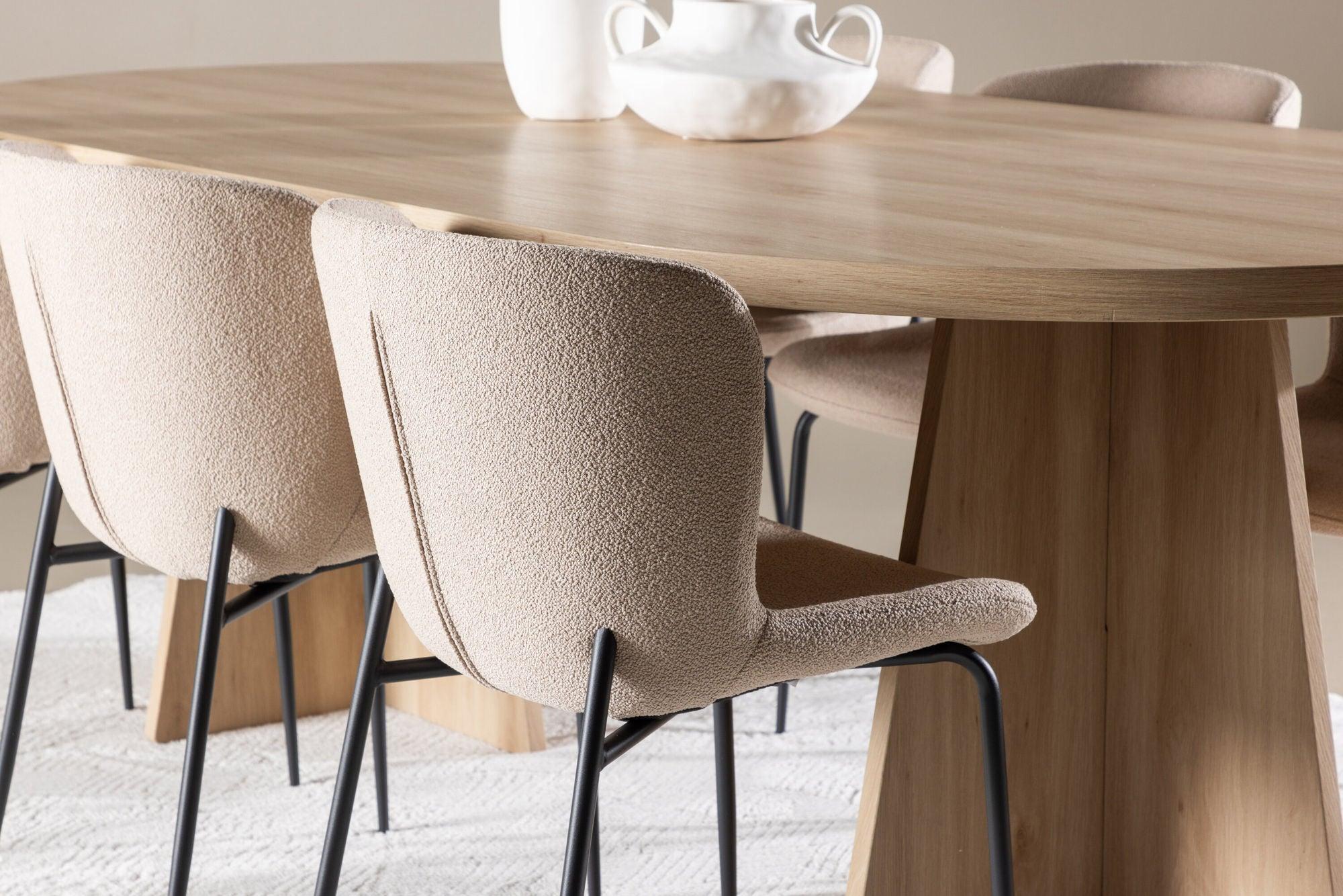 Essgruppe Tisch Bootcut 230*115cm mit Stühlen Modesto aus Teddy-Bouclé - Hellbraun/Beige-Essgruppe Oval-Venture Home-le canapé