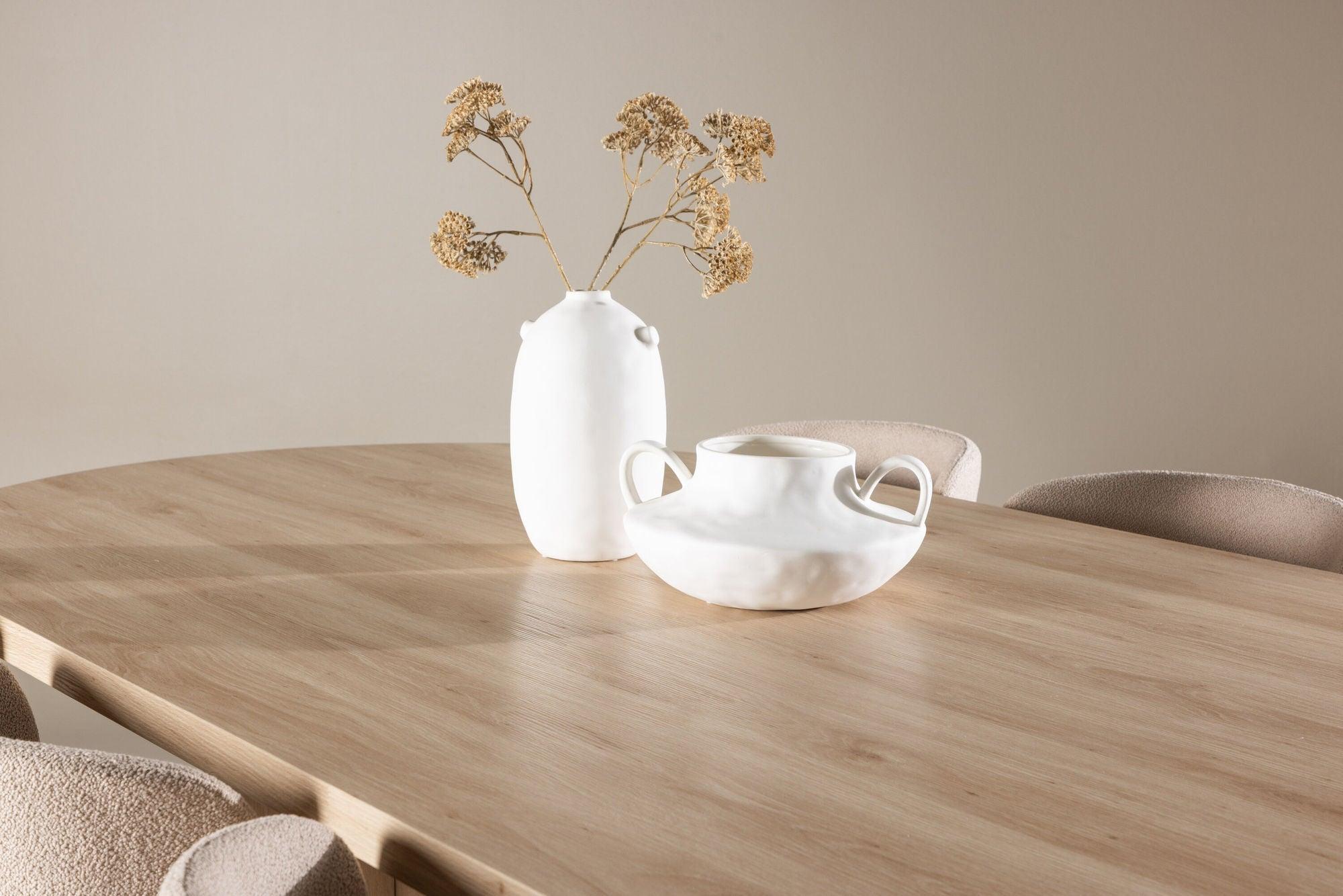 Essgruppe Tisch Bootcut 230*115cm mit Stühlen Modesto aus Teddy-Bouclé - Hellbraun/Beige-Essgruppe Oval-Venture Home-le canapé