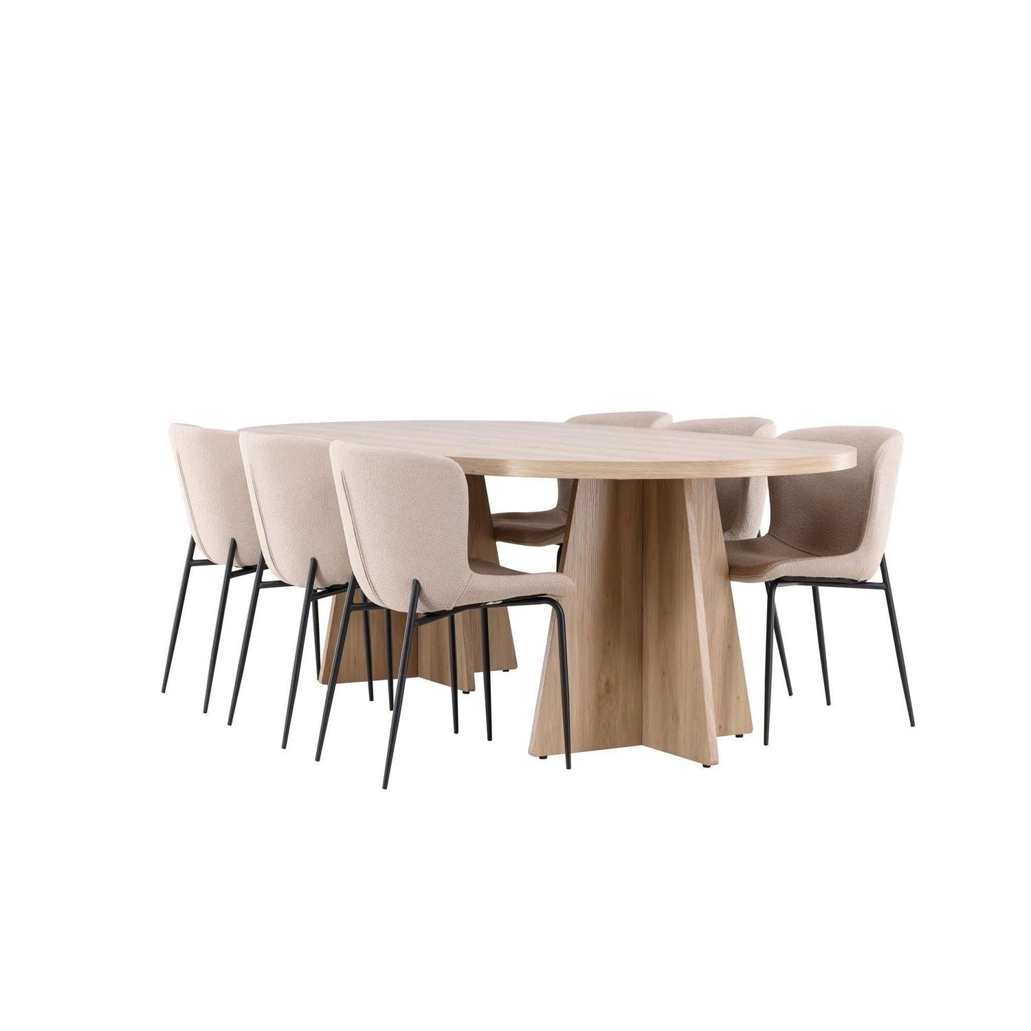 Essgruppe Tisch Bootcut 230*115cm mit Stühlen Modesto aus Teddy-Bouclé - Hellbraun/Beige-Essgruppe Oval-Venture Home-le canapé