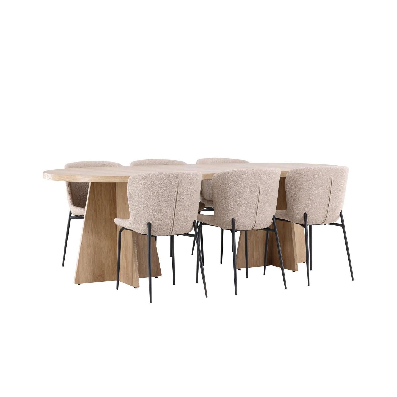 Essgruppe Tisch Bootcut 230*115cm mit Stühlen Modesto aus Teddy-Bouclé - Hellbraun/Beige-Essgruppen Oval-Venture Home-le canapé