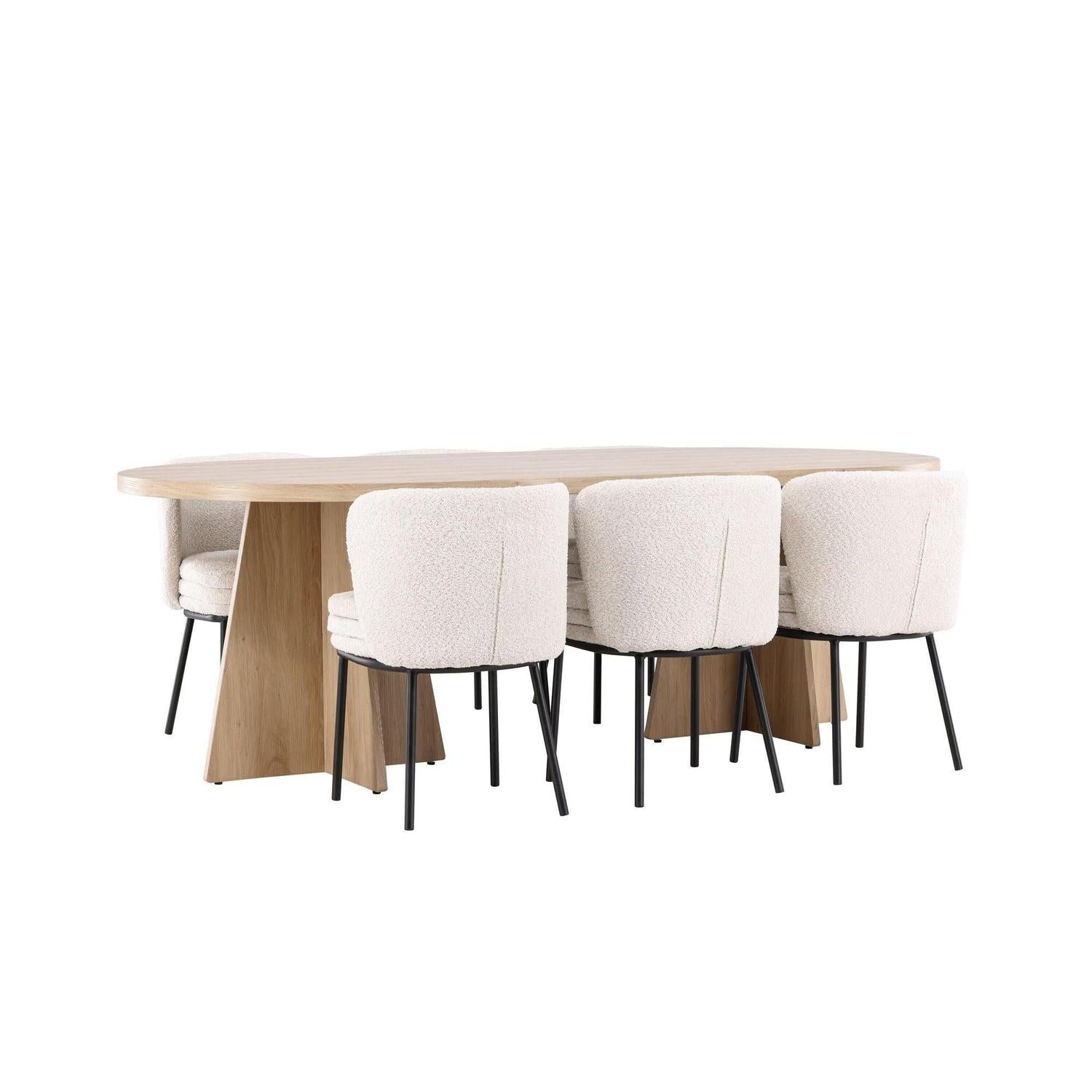 Essgruppe Tisch Bootcut 230*115cm mit Stühlen Agnes aus Teddy - BoucléEssgruppe Oval