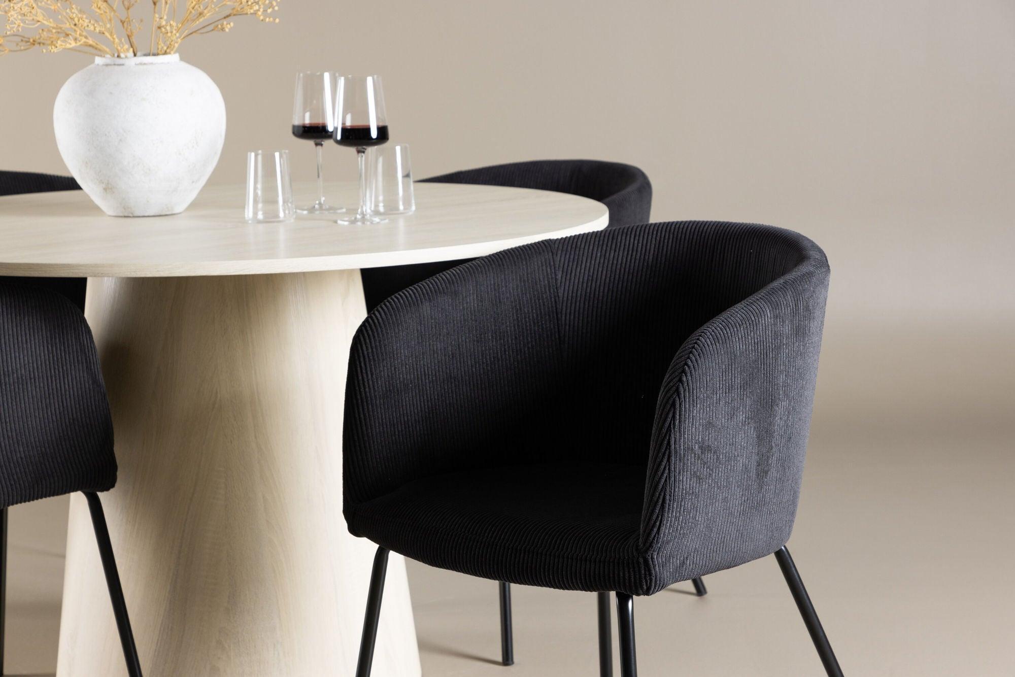 Essgruppe Tisch Lanzo Ø120cm mit Stühlen Berit aus Kord - Beige/Schwarz-Essgruppen Rund-Venture Home-le canapé
