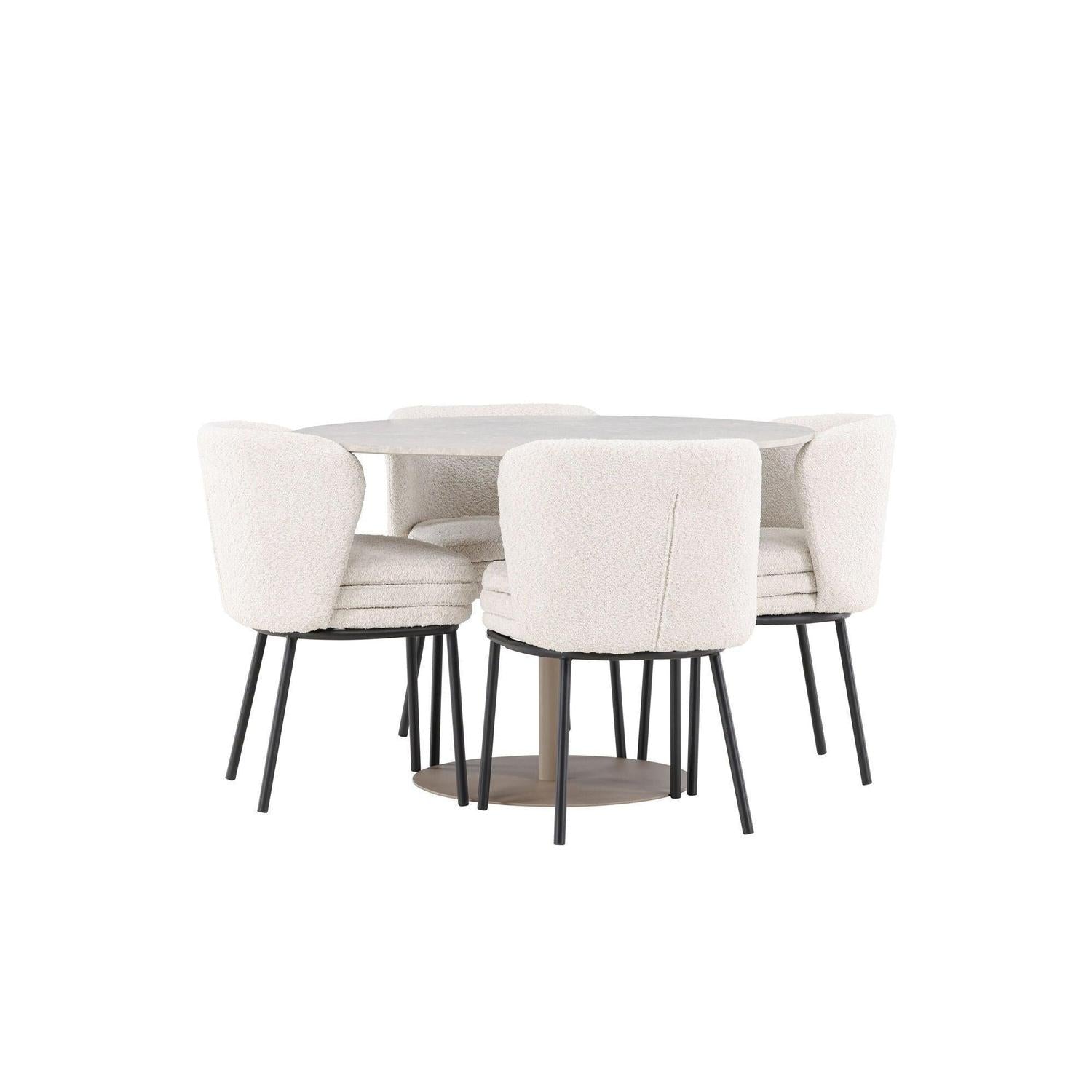 Essgruppe Tisch Lycke rund 110cm mit Stühlen Agnes aus Teddy - BoucléEssgruppe Rund