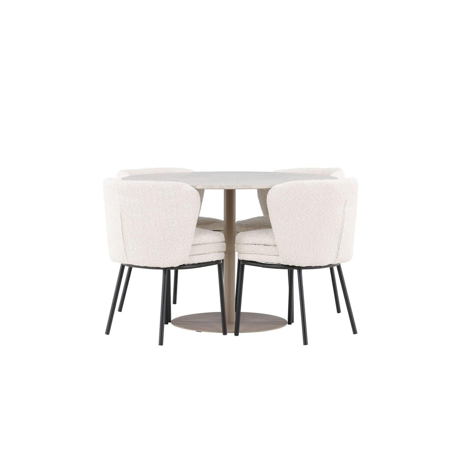 Essgruppe Tisch Lycke rund 110cm mit Stühlen Agnes aus Teddy - BoucléEssgruppe Rund