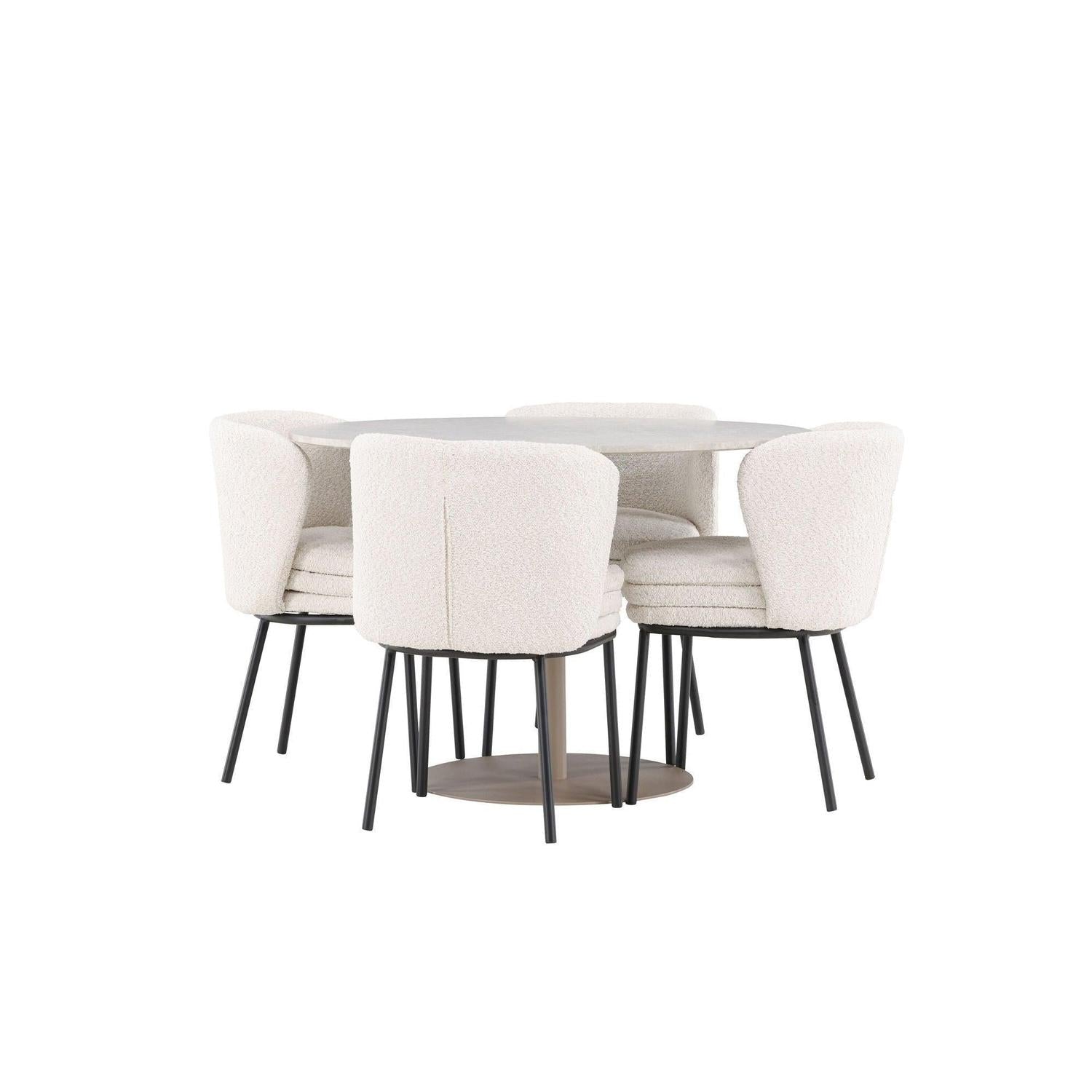 Essgruppe Tisch Lycke rund 110cm mit Stühlen Agnes aus Teddy - BoucléEssgruppe Rund