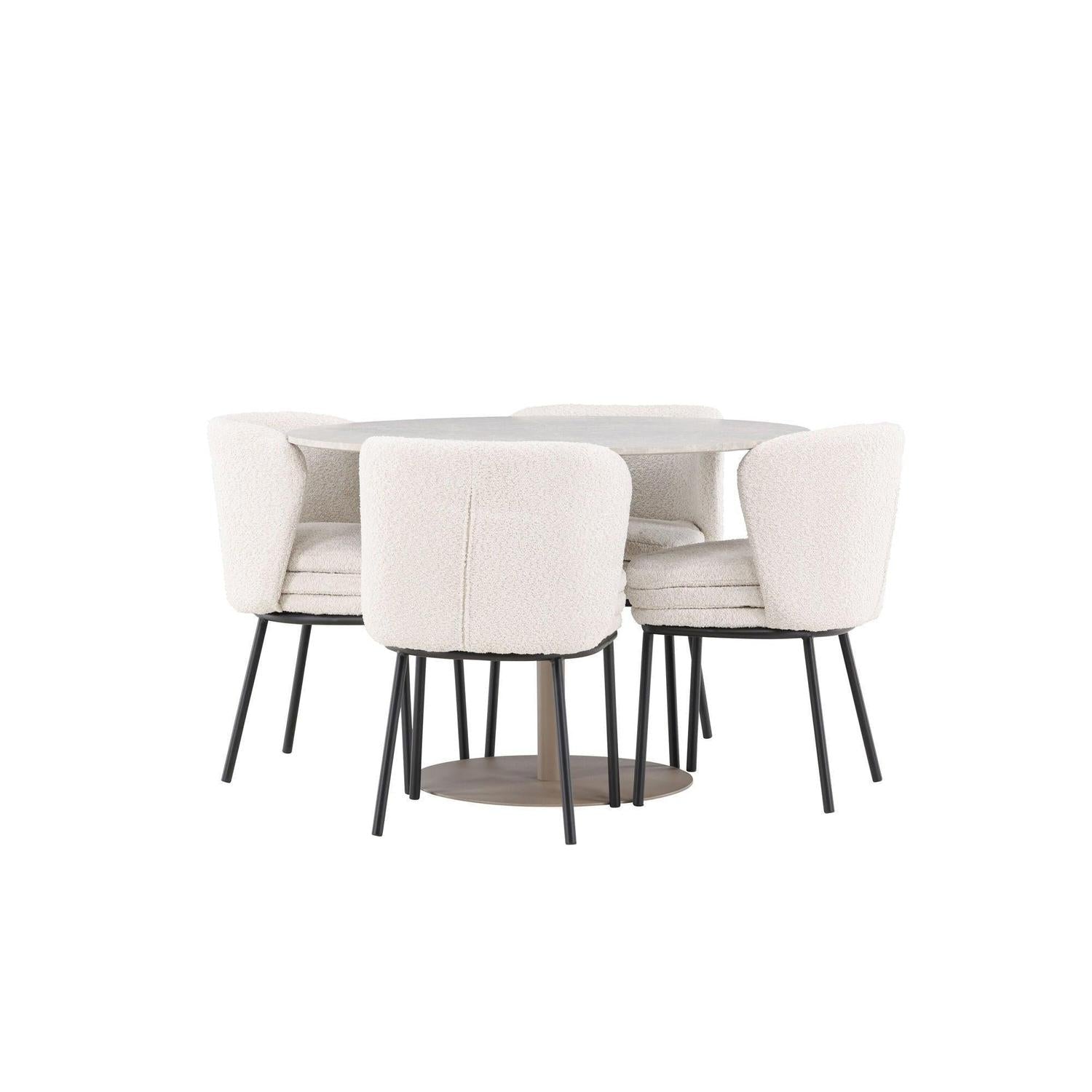 Essgruppe Tisch Lycke rund 110cm mit Stühlen Agnes aus Teddy - BoucléEssgruppe Rund